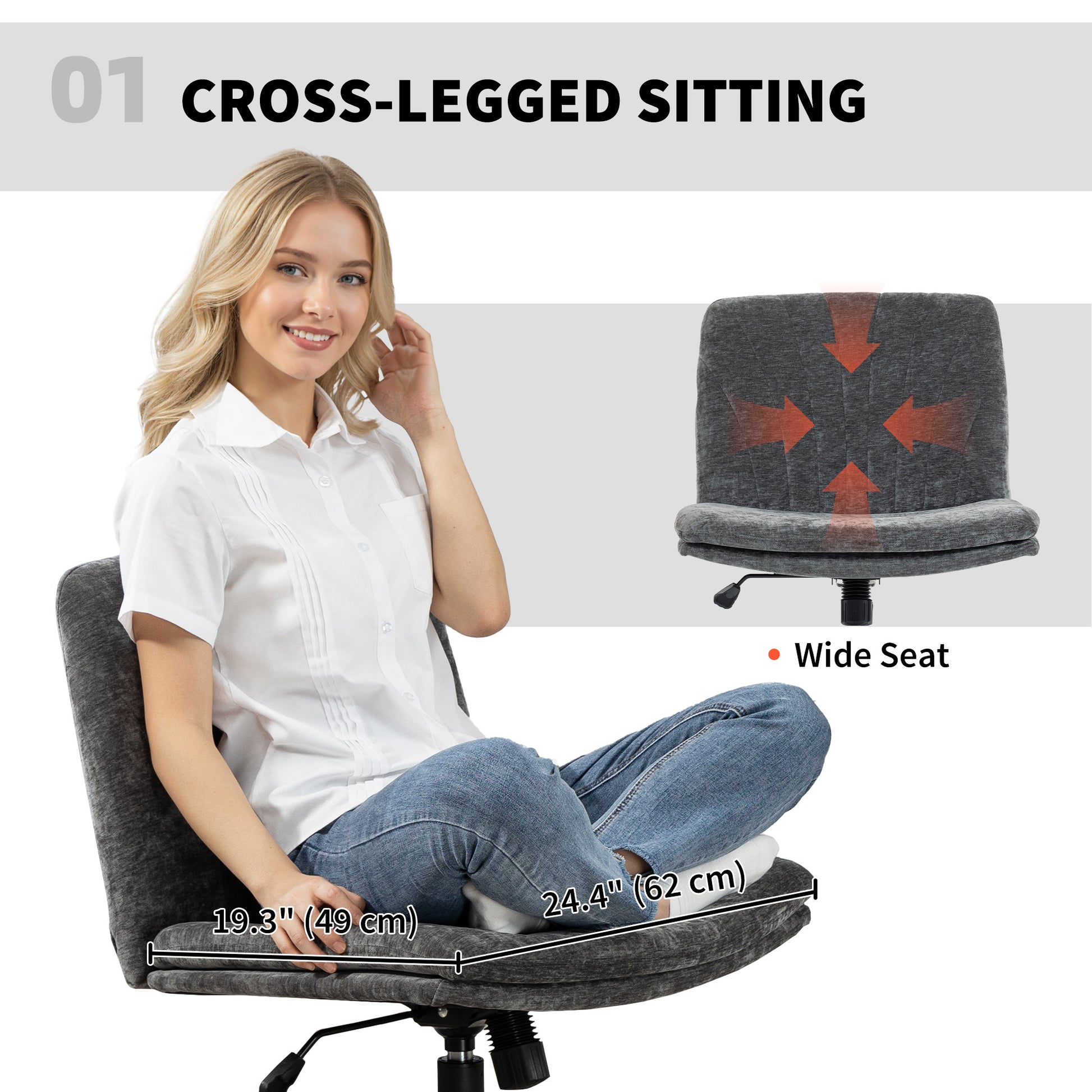 HOMCOM Wide Armless Criss Cross Office Chair, Adjustable Height, Tilting, Grey