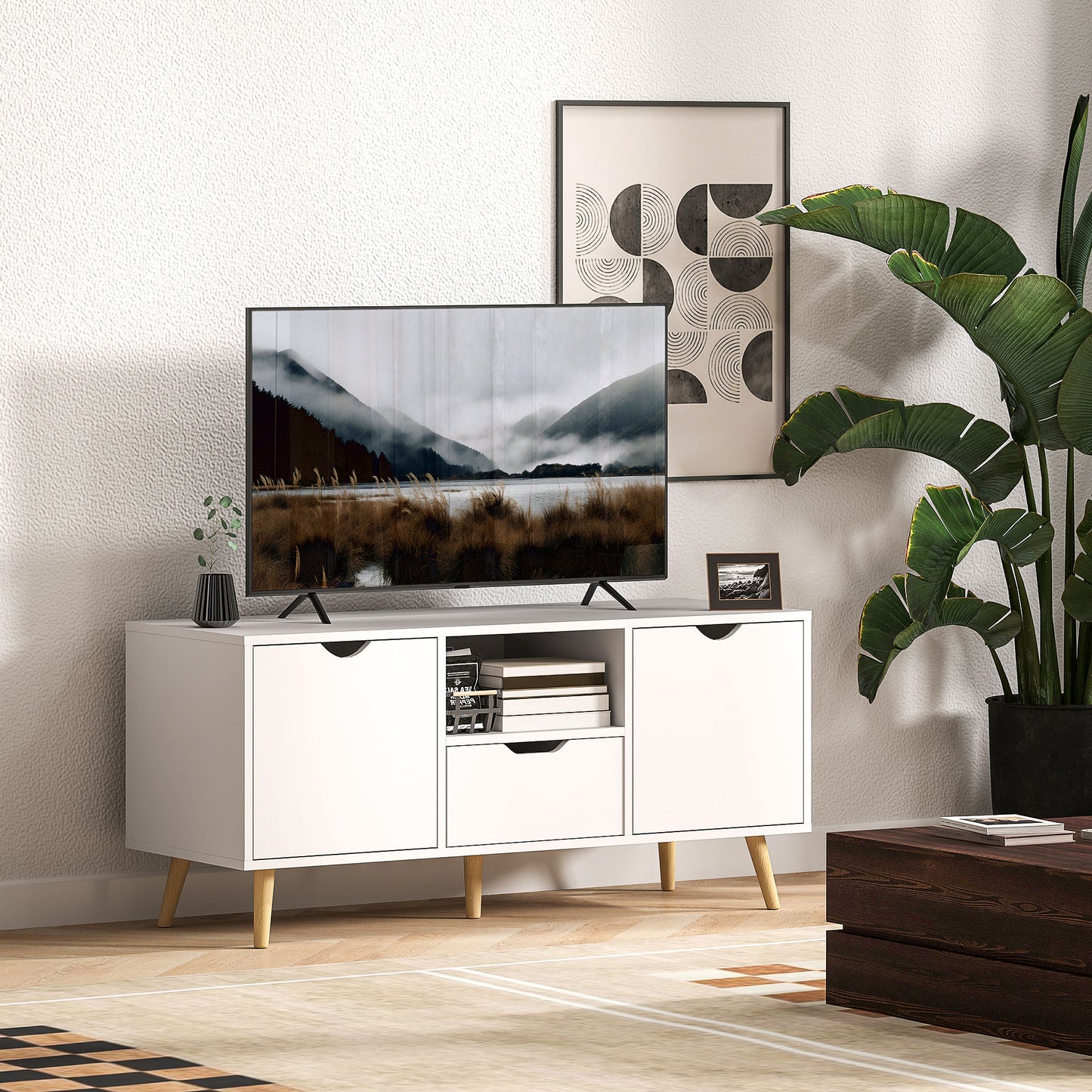 HOMCOM Modern White TV Stand with Open Shelf, Drawer & Cabinets for 50-inch TVs