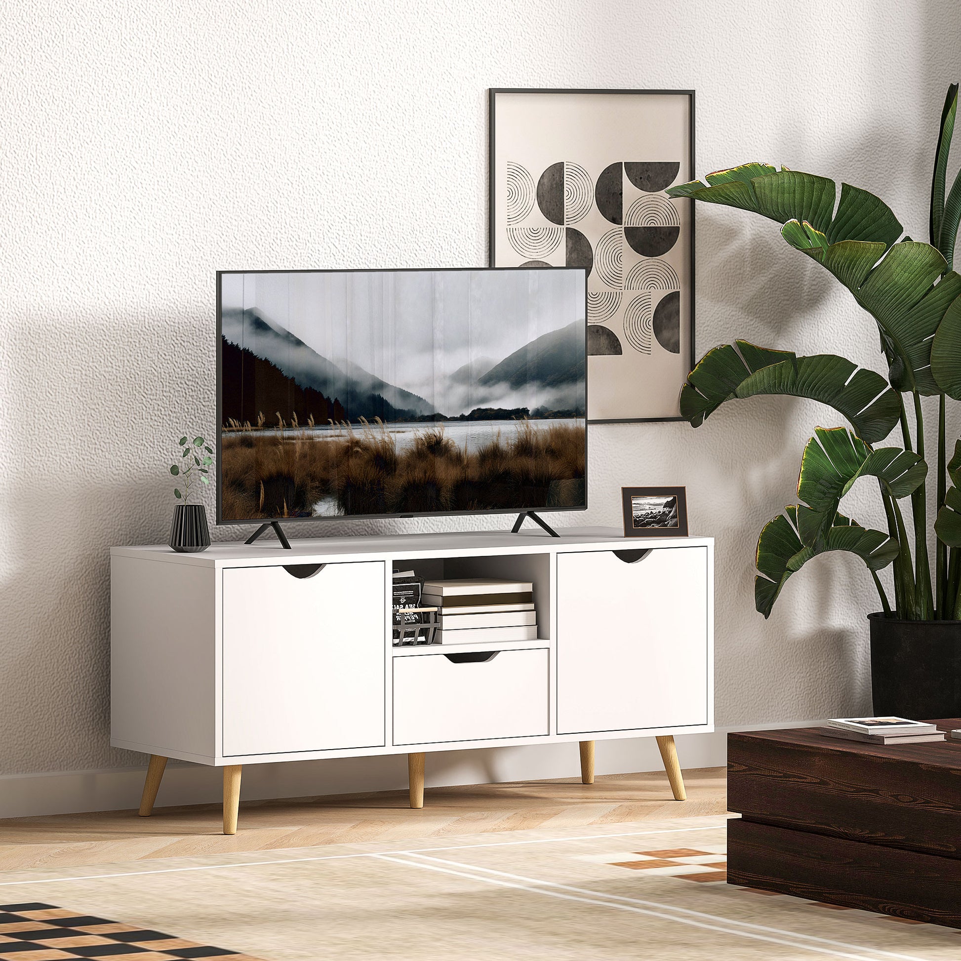 HOMCOM Modern White TV Stand with Open Shelf, Drawer & Cabinets for 50-inch TVs
