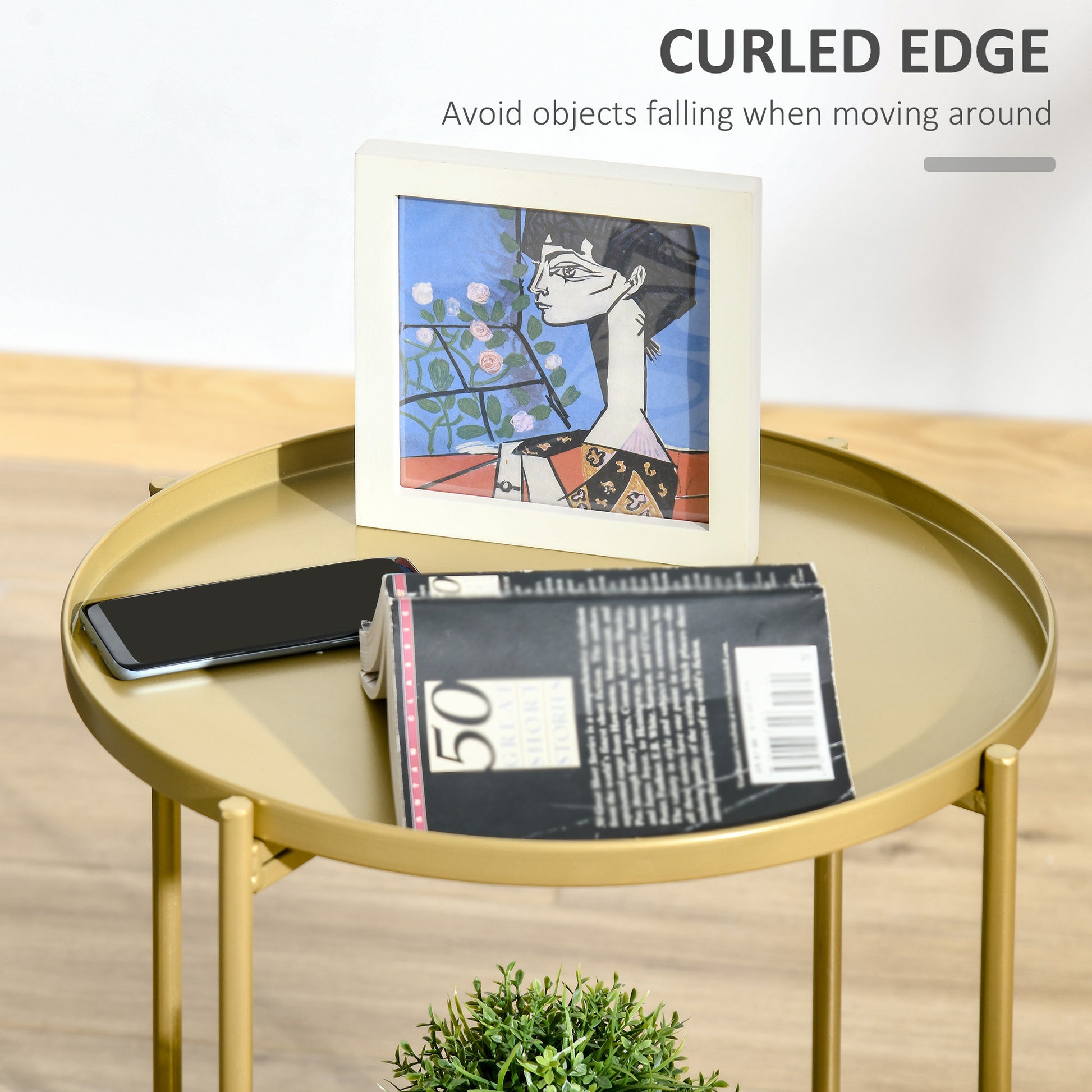 HOMCOM 2-Tier Gold Round Side Table, Removable Trays, Folding Metal Frame