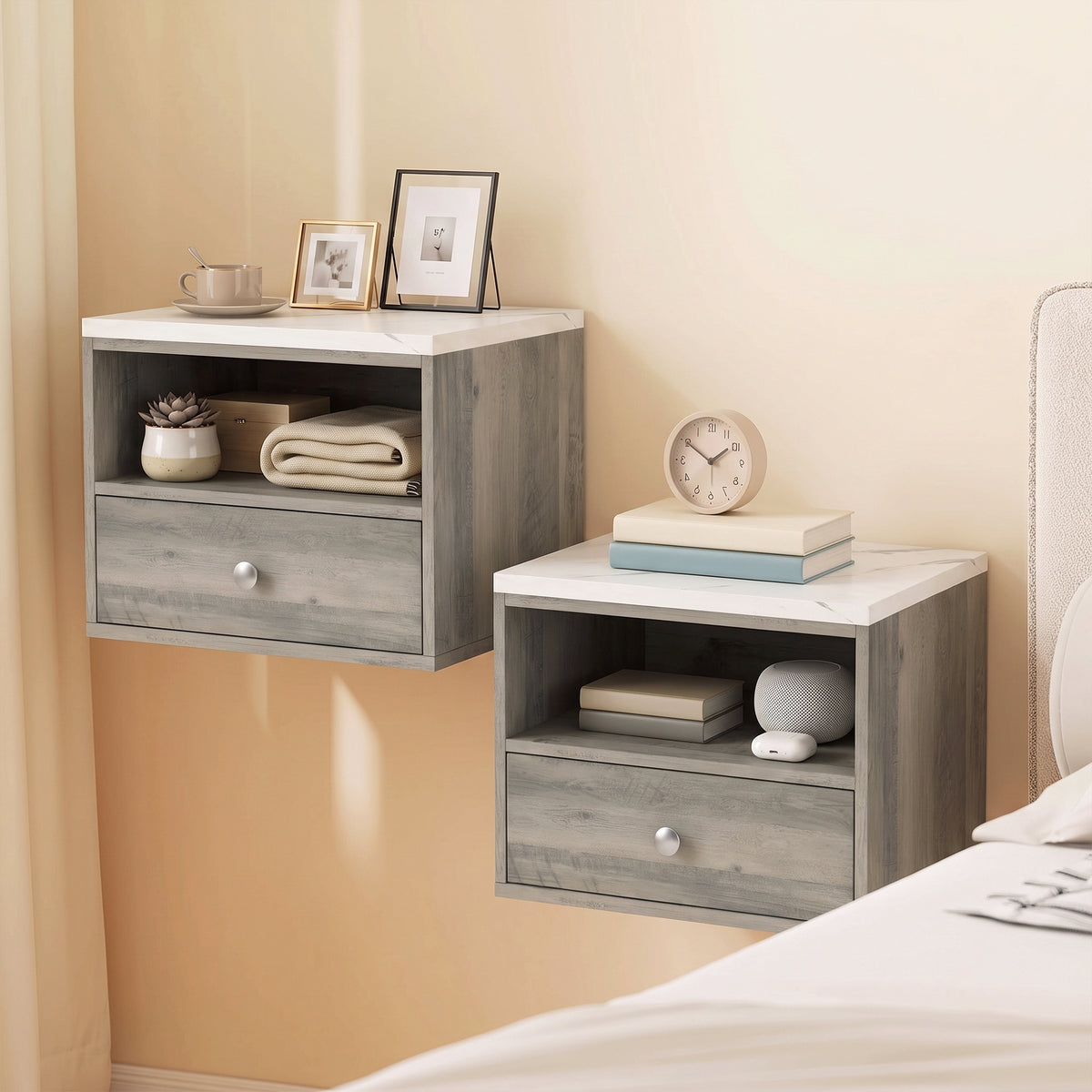 Floating Nightstands with Marble-Effect Top, Set of 2 – 11"W x 10"H
