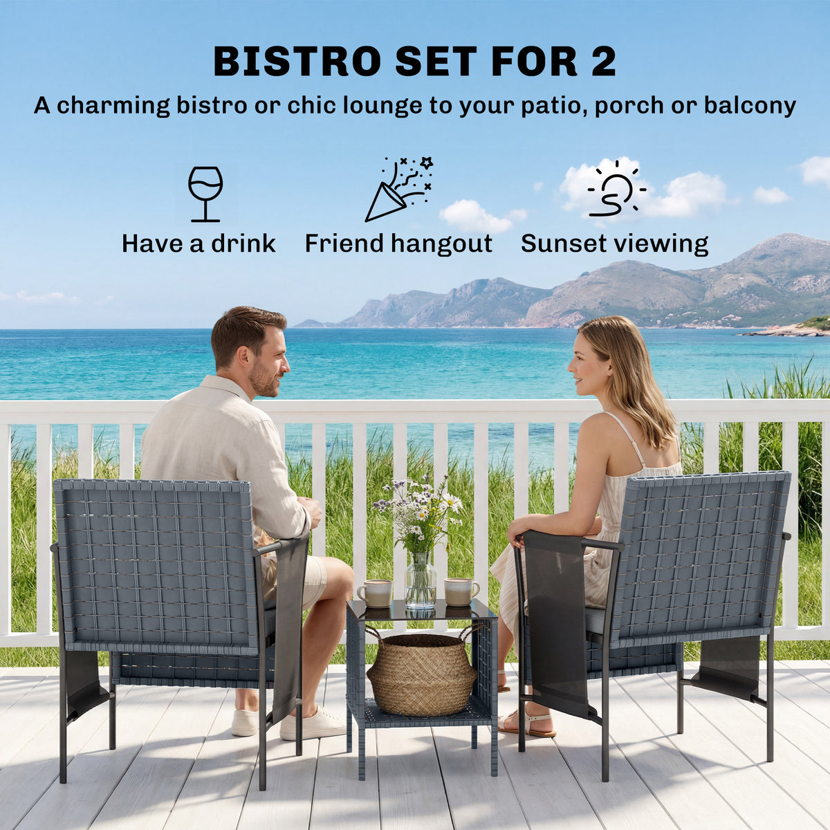 3 Piece Wicker Patio Furniture Set, Outdoor Bistro Set, Side Pockets, Mesh Seat, 2 Tier Glass Table, Cushions – Grey