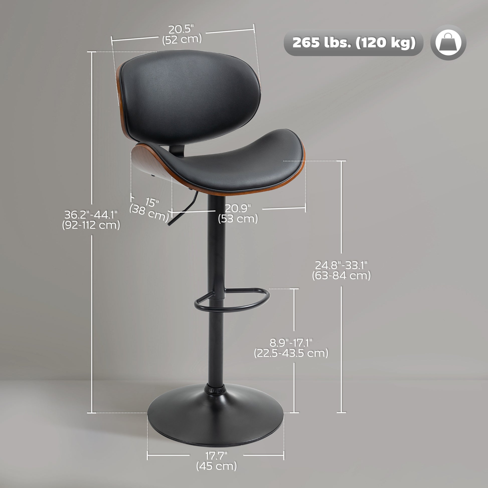 HOMCOM Black PU Leather Adjustable Swivel Bar Stools, Set of 2