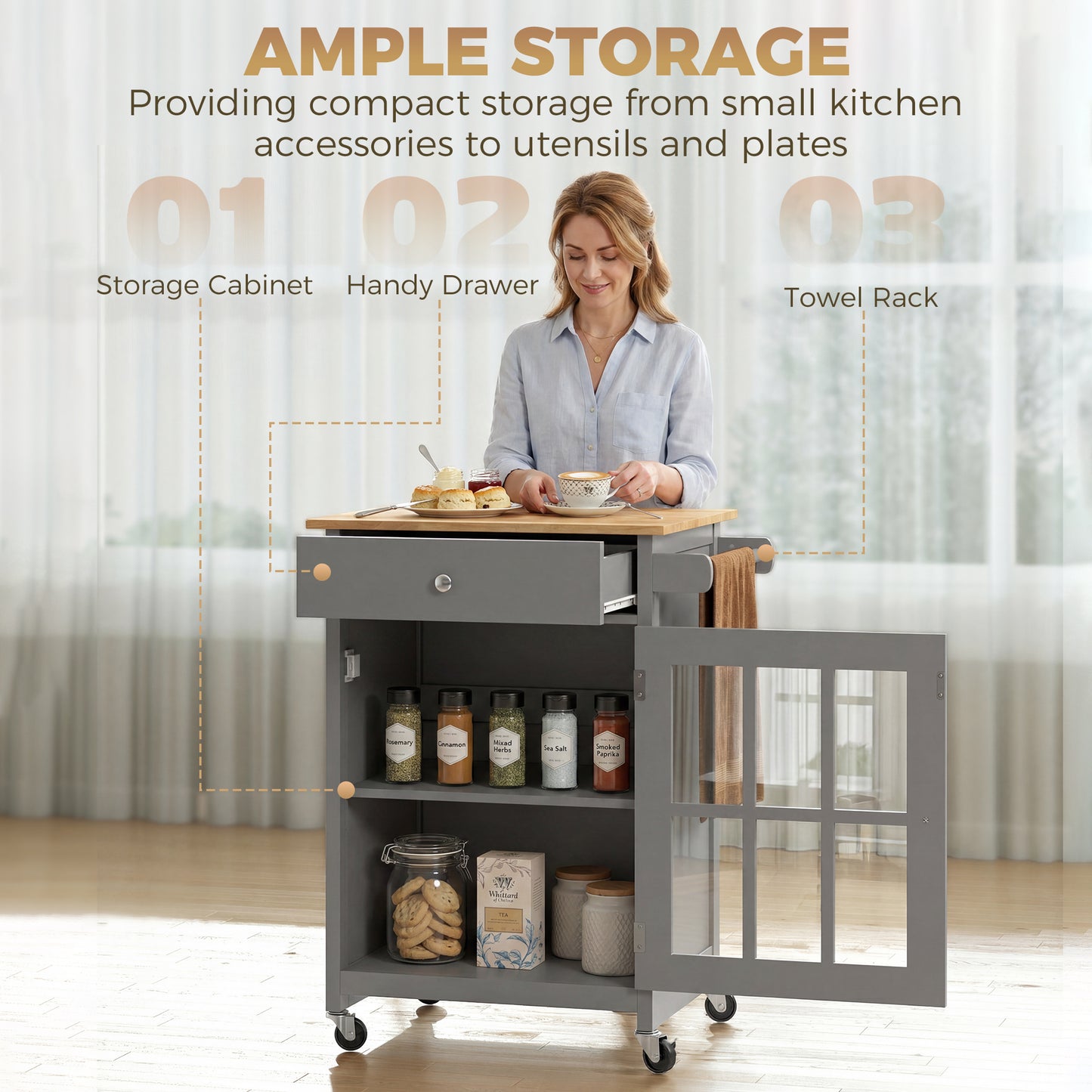 HOMCOM Rolling Kitchen Cart with Drawer and Glass Door Cabinet Dark Grey