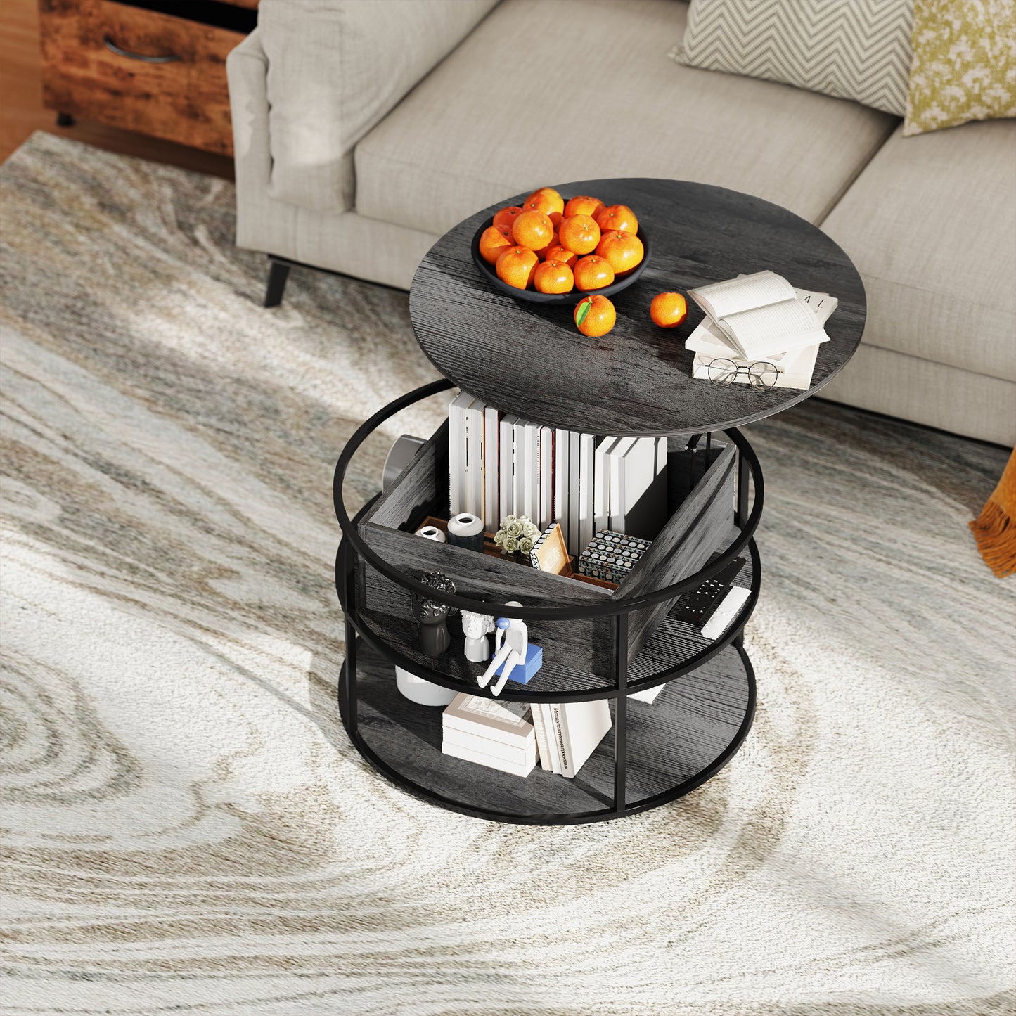 HOMCOM Round Lift Top Coffee Table with Hidden Storage & Steel Frame