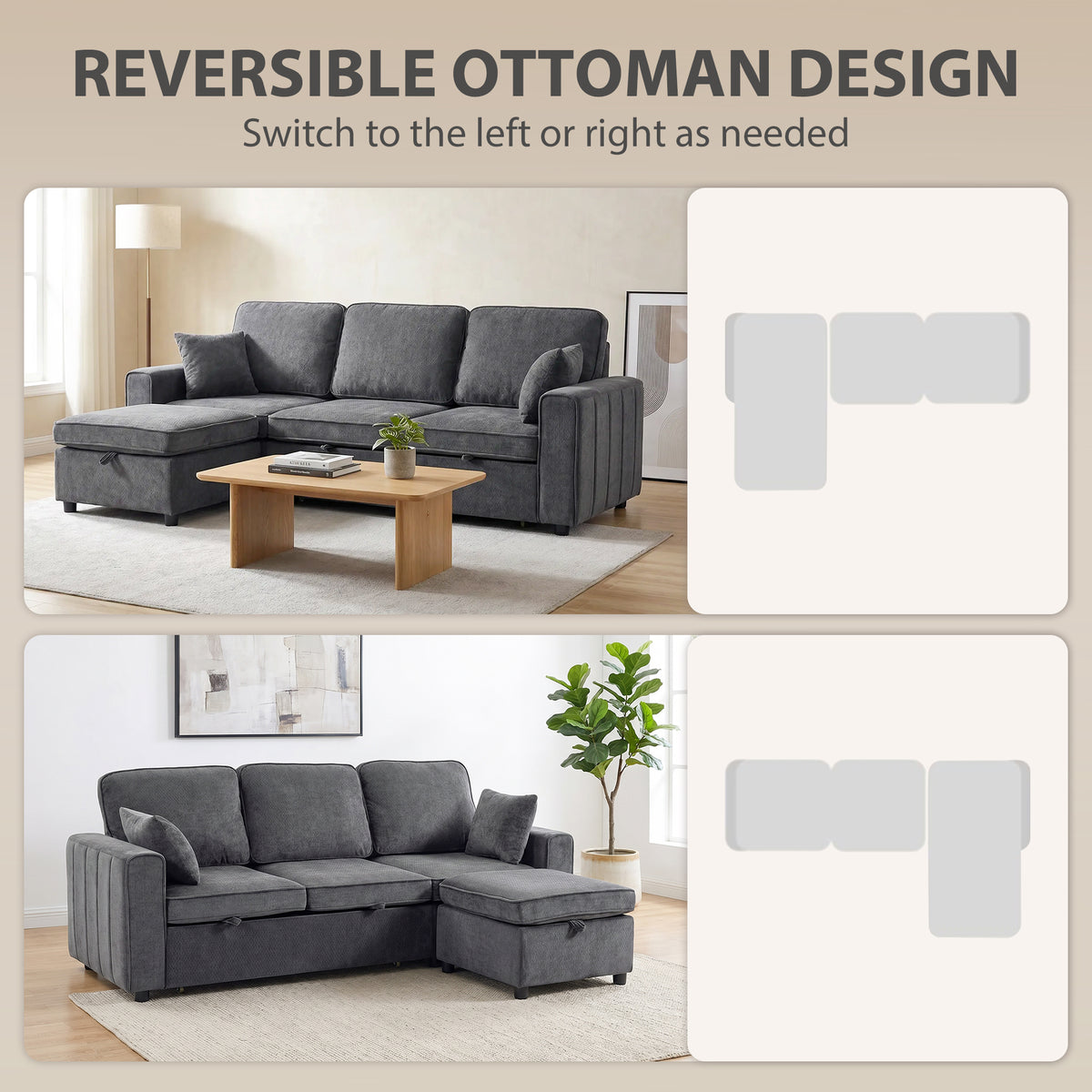 Modular Sleeper Sectional with Reversible Storage Ottoman