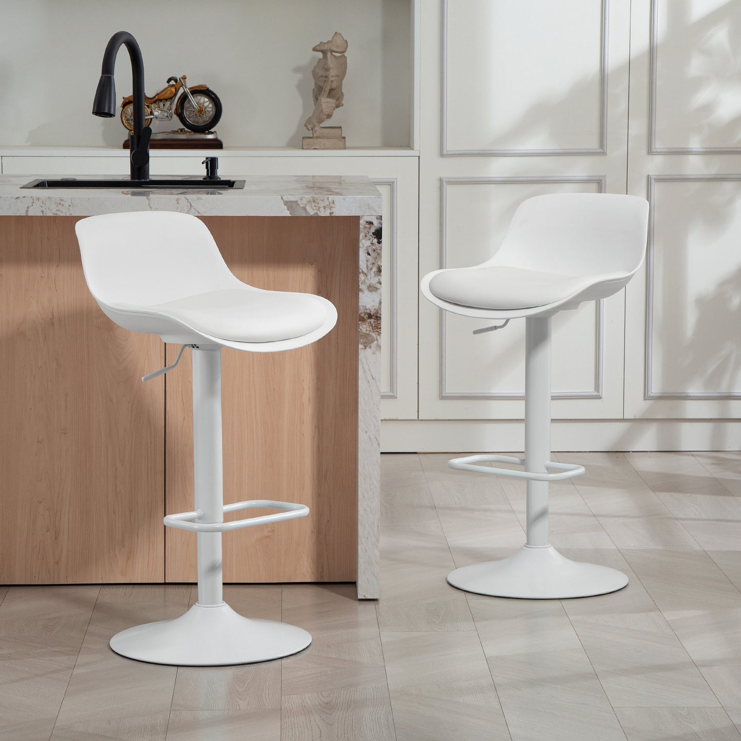 Set of 2 Streamlined Counter Height Bar Stools, Adjustable Swivel PU Leather Seat