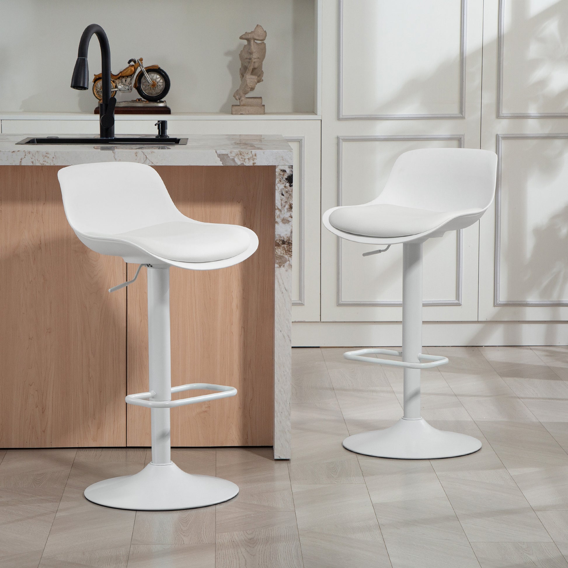 Set of 2 Streamlined Counter Height Bar Stools, Adjustable Swivel PU Leather Seat