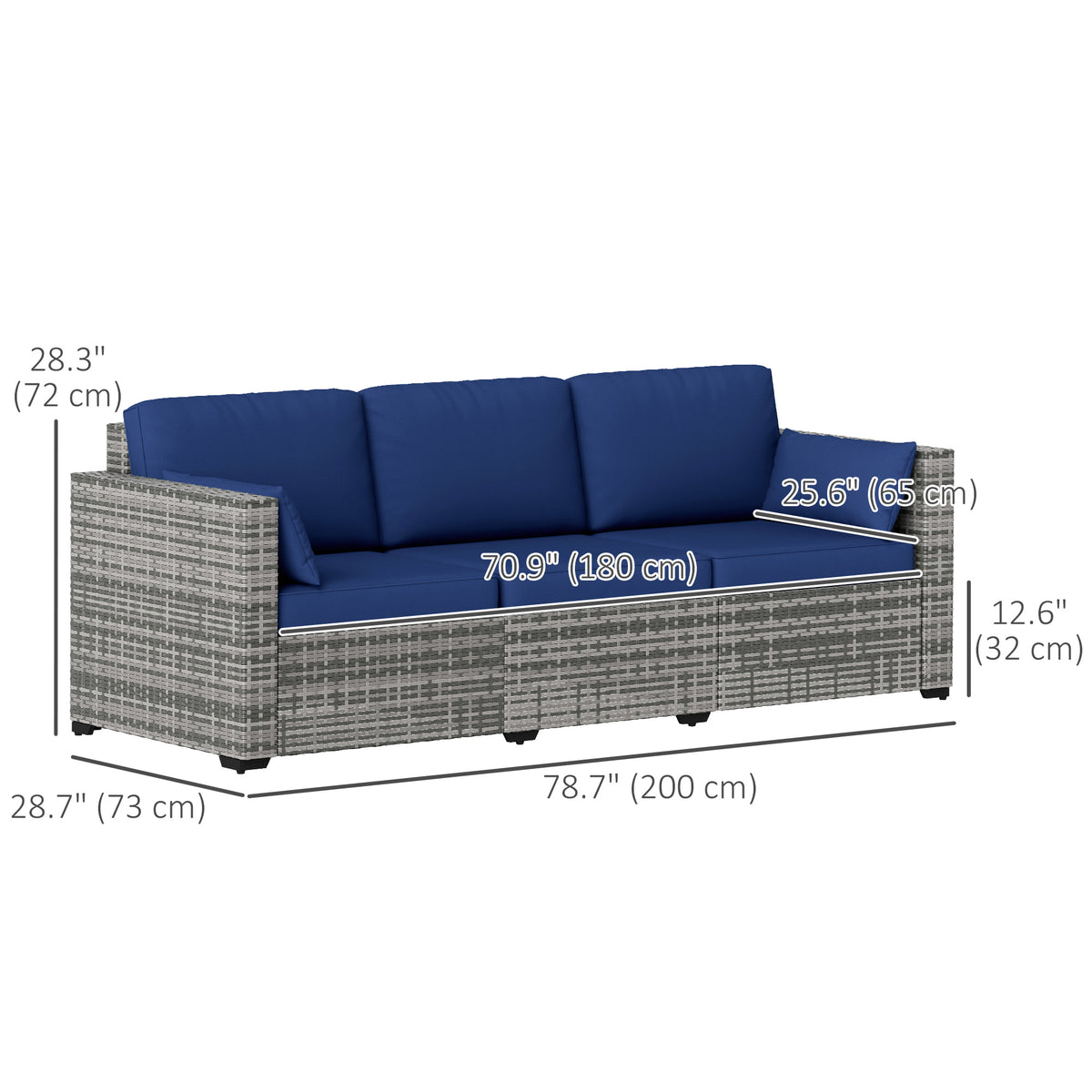 3-Seater Patio Sofa with Cushions, Rattan Conversation Set with Steel Frame & Washable Cushion Covers