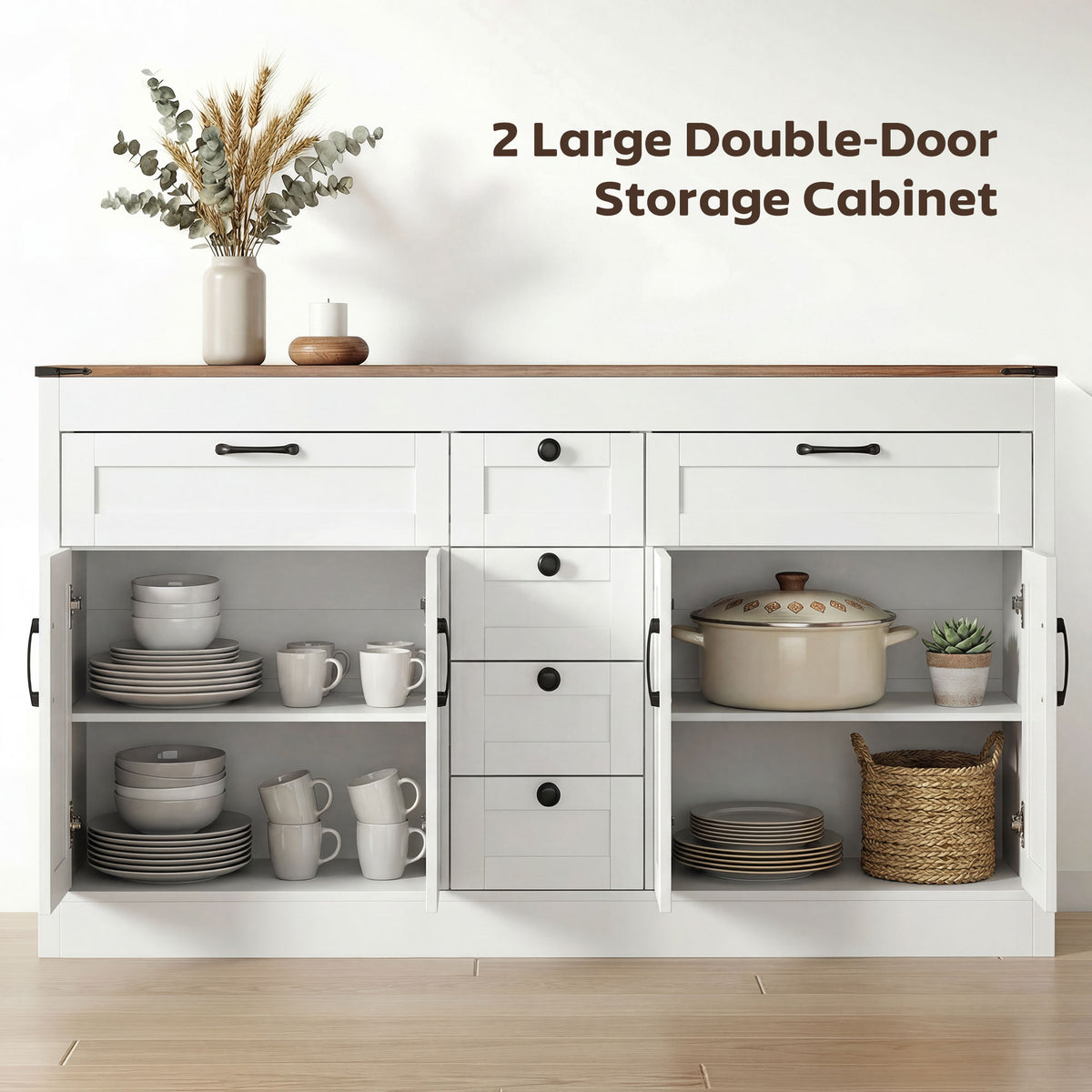 Farmhouse Kitchen Cabinet with 4 Barn Doors – 55"W x 32"H