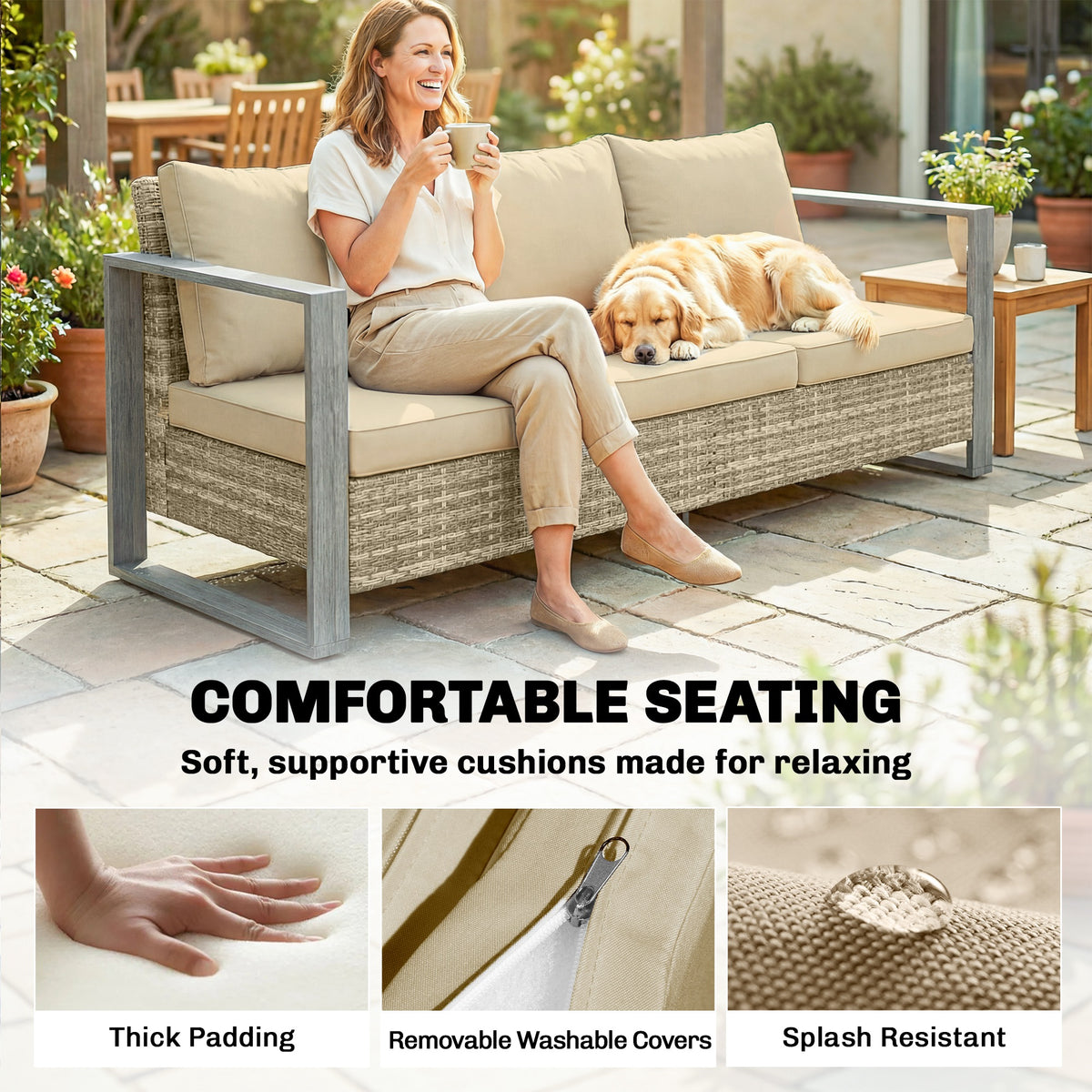 3-Seater Outdoor Couch, PE Wicker Patio Sofa with Deep Seat, Wood-Effect Aluminum Armrests, Cushions