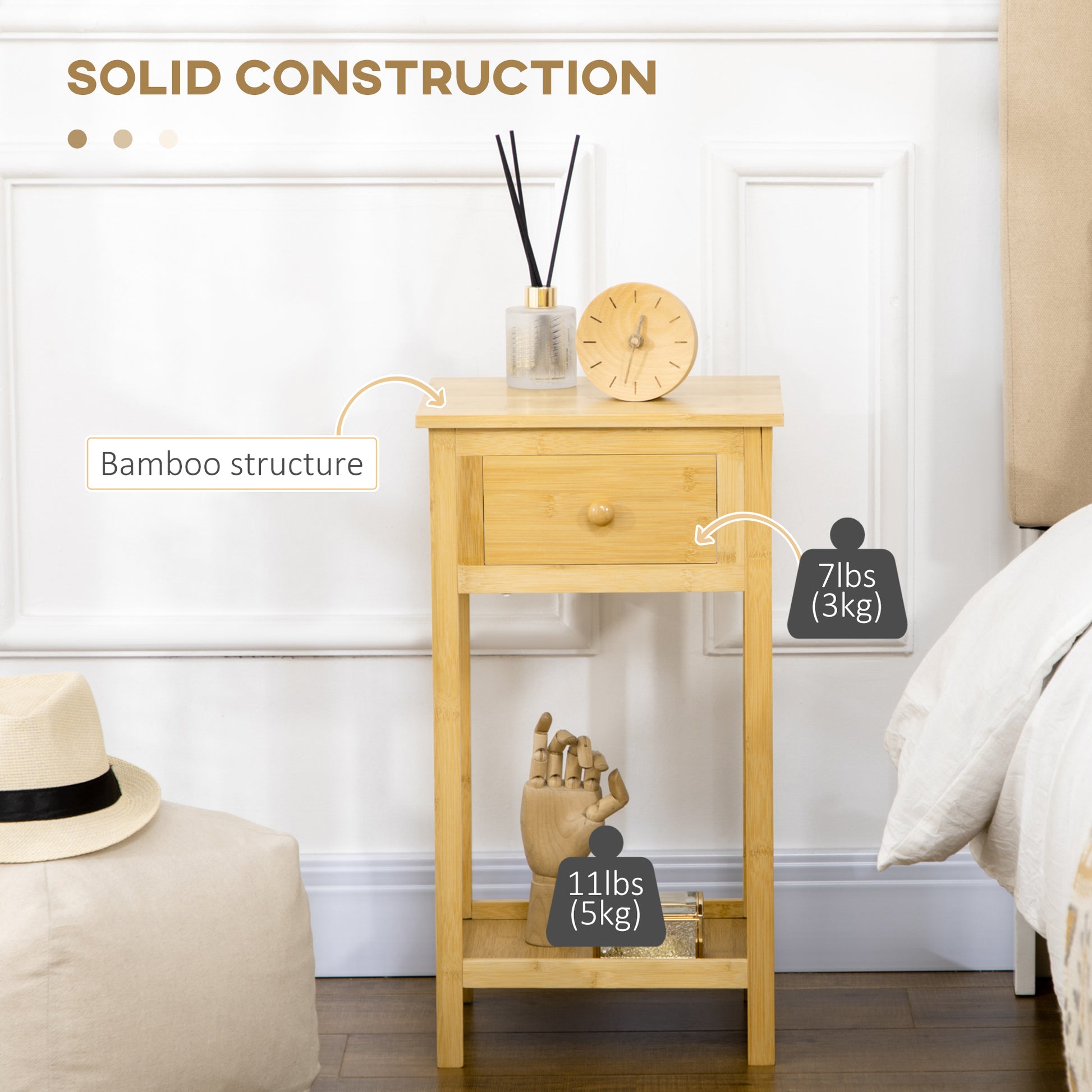 HOMCOM Slim Bamboo Side Table Nightstand with Drawer and Storage Shelf, Natural