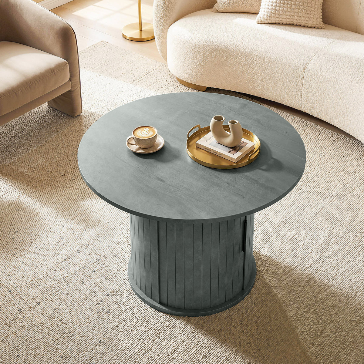 31.5" Round Coffee Table with Slatted Storage Pedestal, Cement Grey