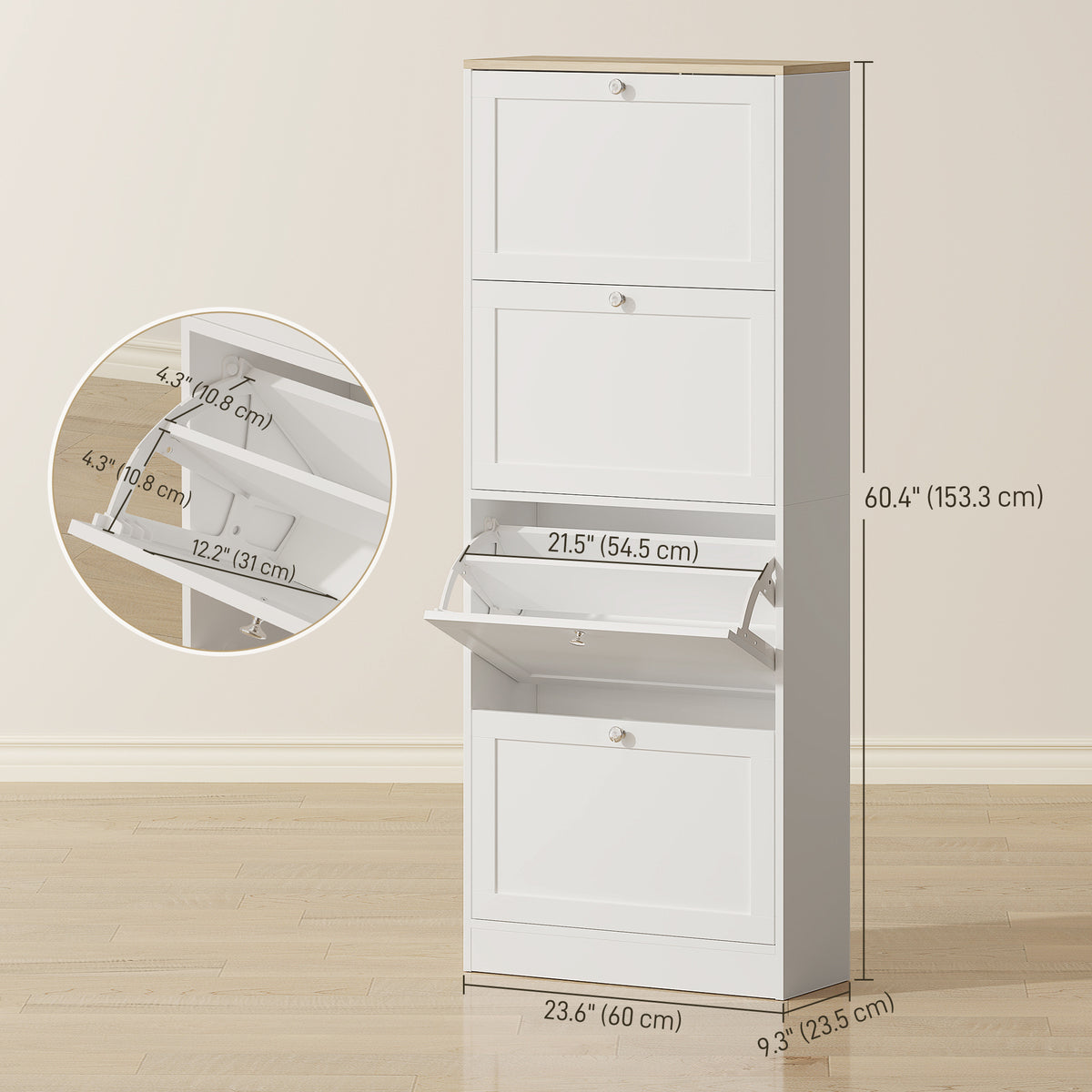 Modern Shoe Storage Cabinet with 4 Flip Drawers – 24"W x 60"H