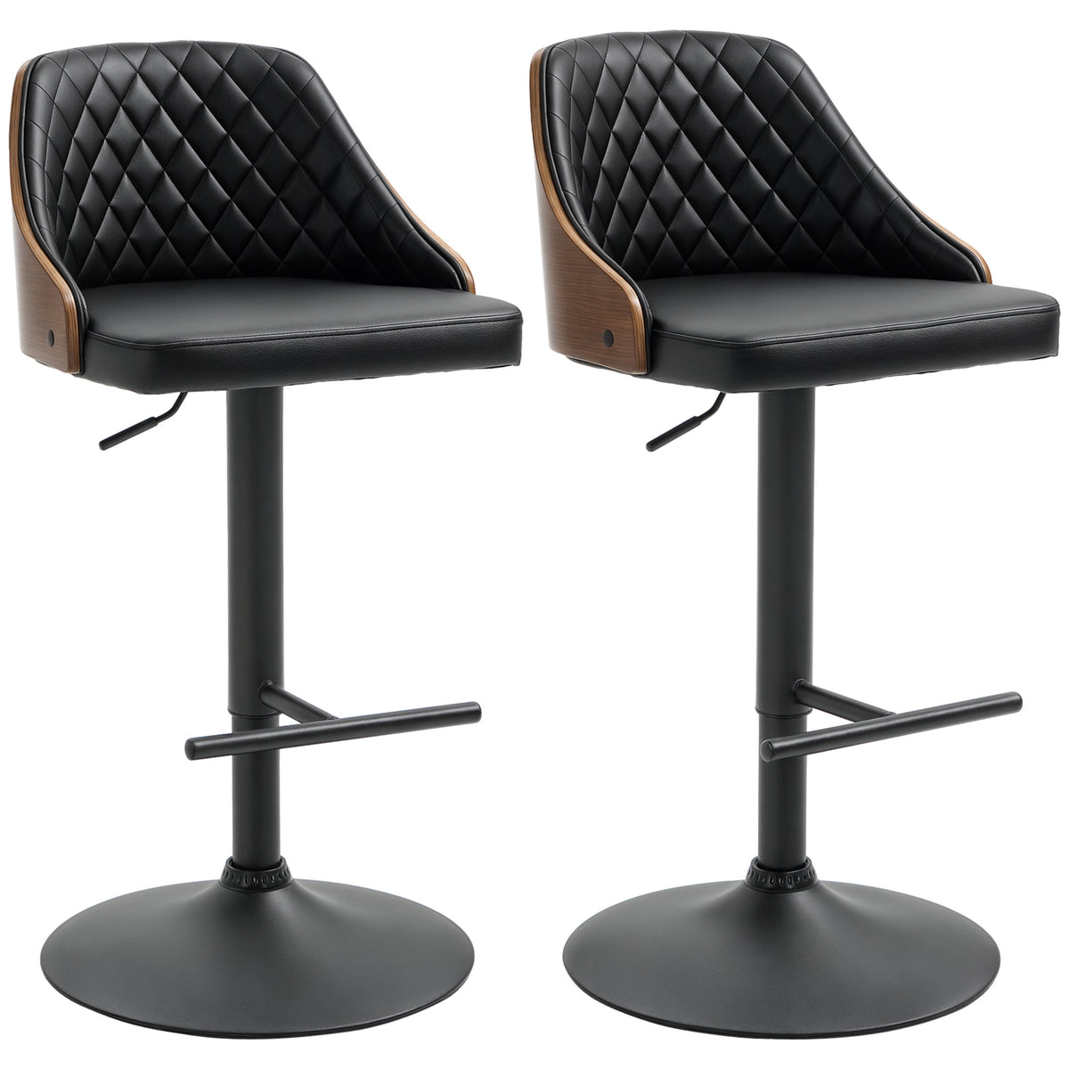 PU Leather Swivel Bar Height Stools with Wood Back, Adjustable, Set of 2, Black