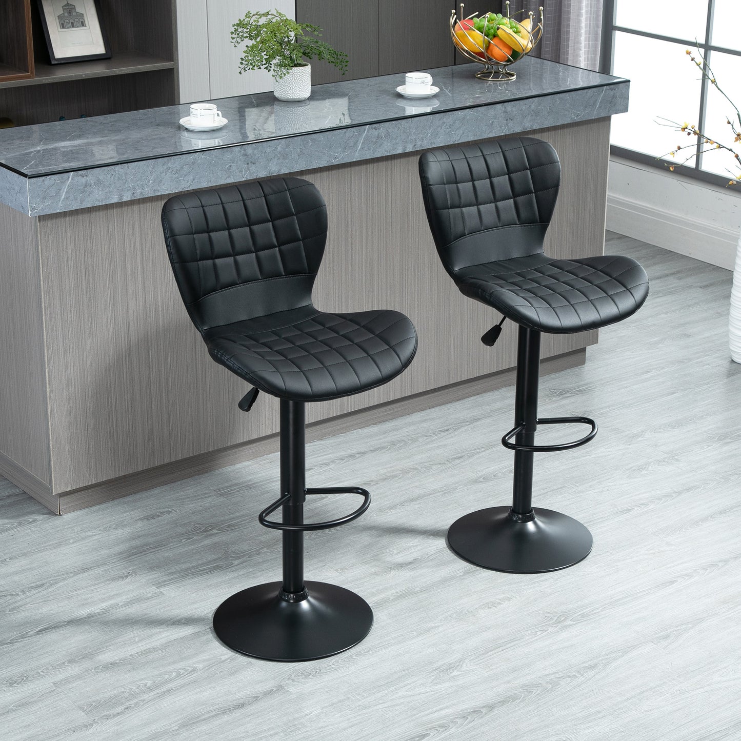 HOMCOM Adjustable Swivel PU Leather Bar Stools Set of 2 with Backrest & Footrest, Black