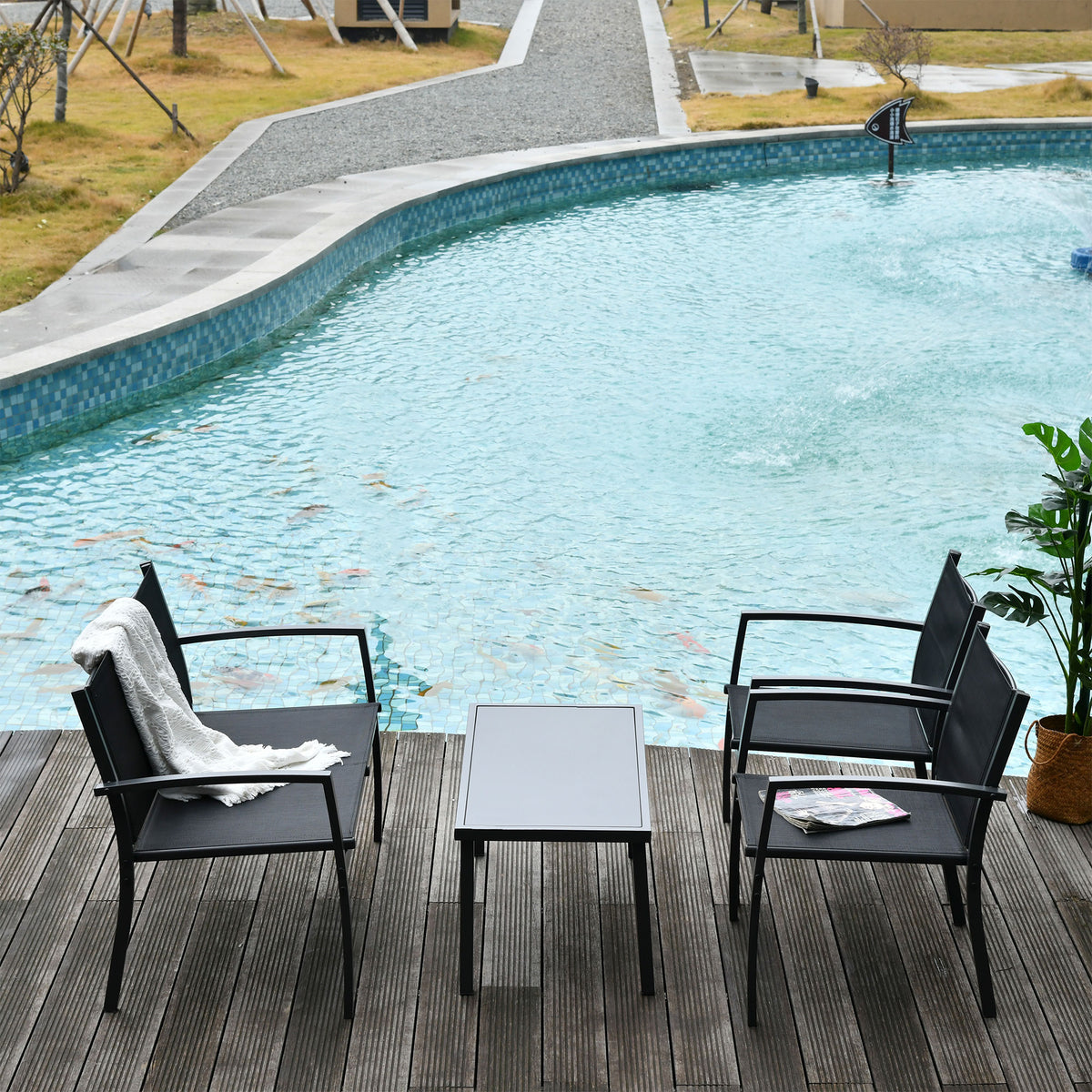 4-Piece Patio Furniture Set with Glass Top Coffee Table, Breathable Mesh Seat & Backrest for Garden, Balcony