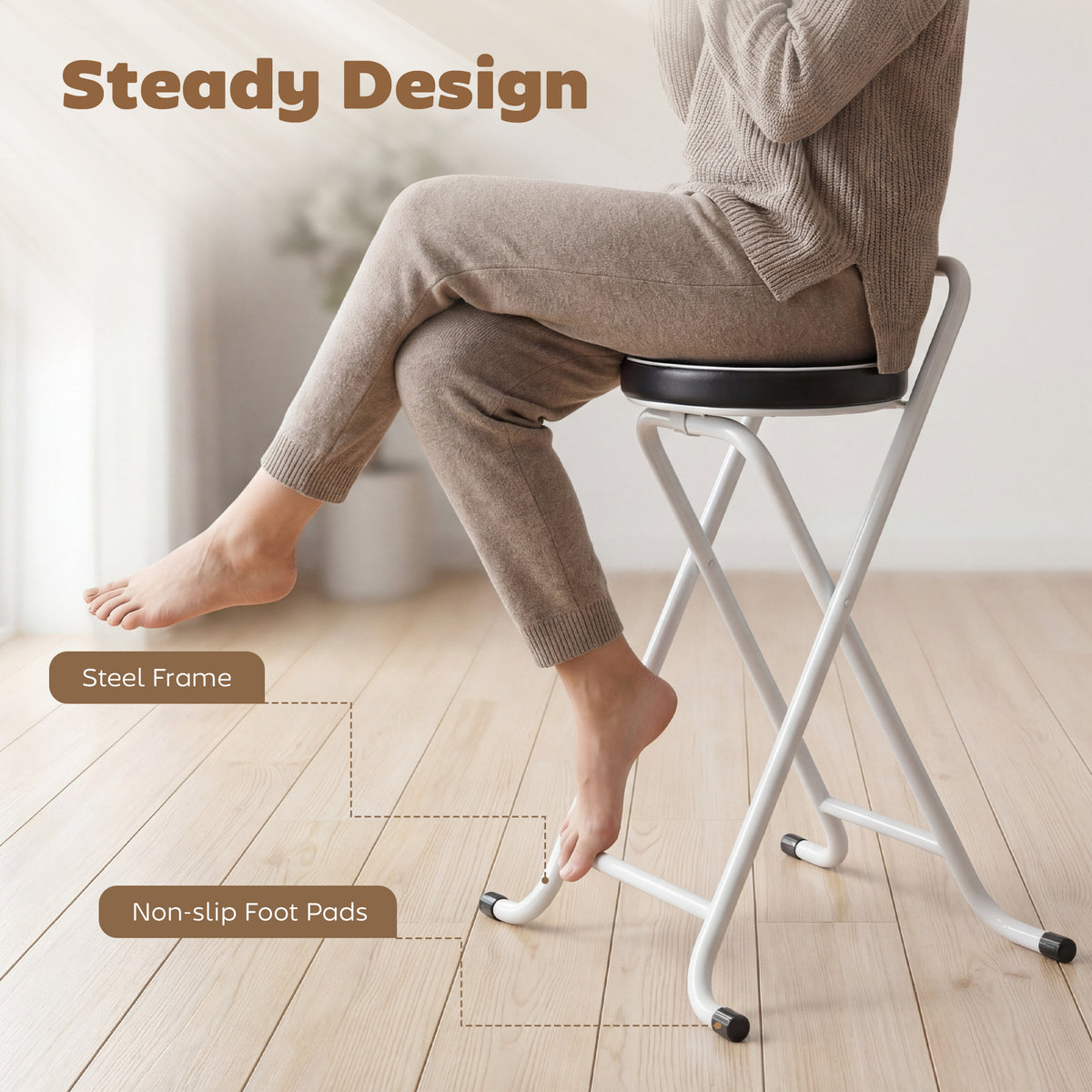 Foldable Bar Stools with Cushioned Seat and Footrest, Set of 2, Black