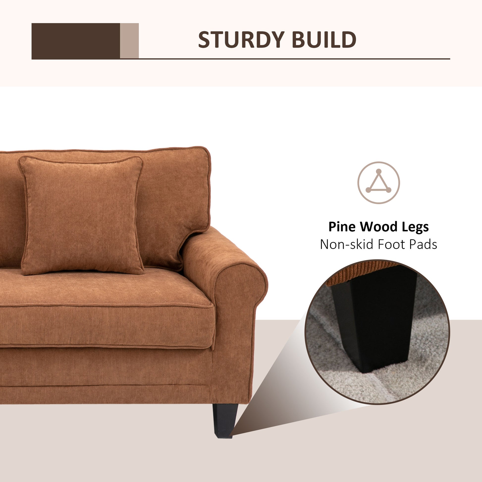 Modern Classic 3-Seater Corduroy Fabric Sofa with Pine Wood Legs, Rolled Arms, Brown