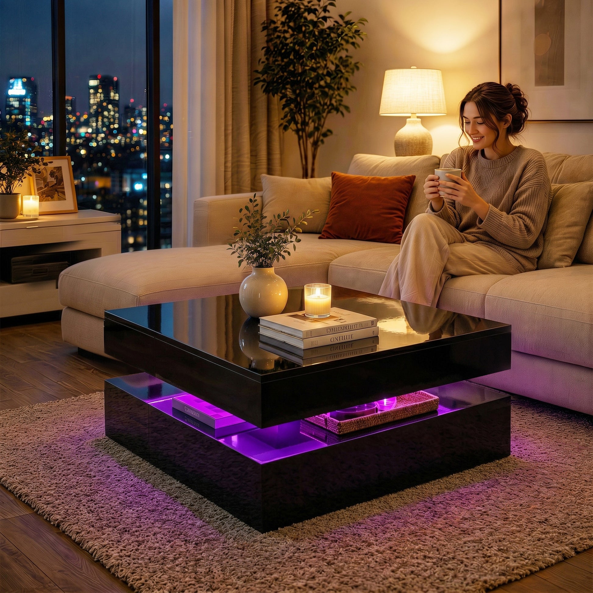 HOMCOM LED Coffee Table with Storage 2-Tier High Gloss Black