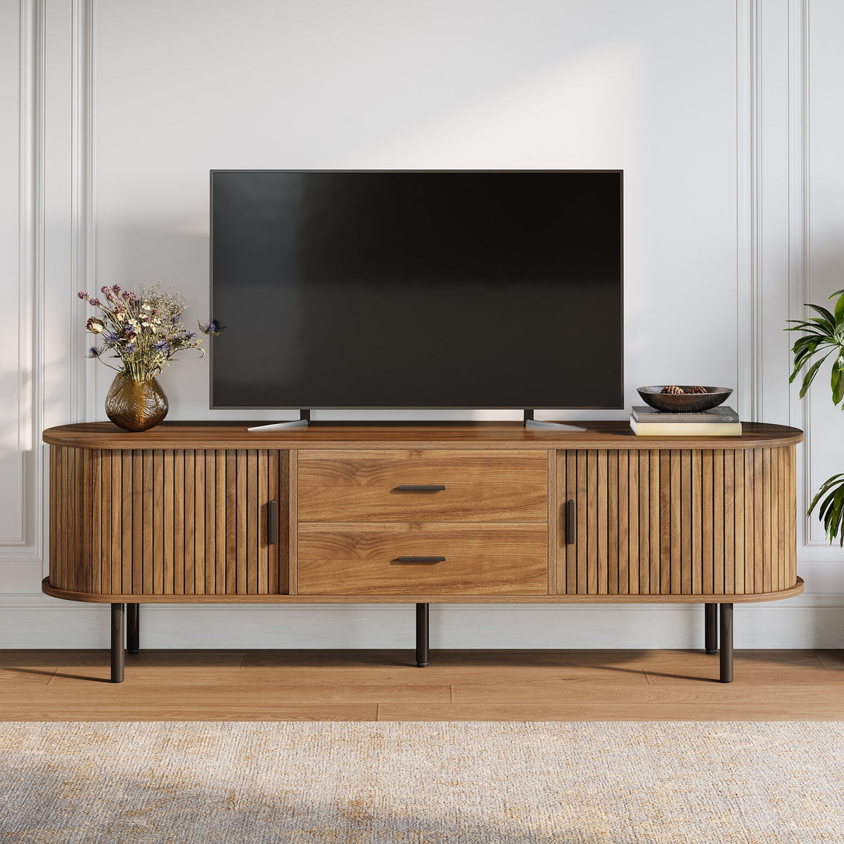 70" TV Stand, Modern Media Console with Storage and Sliding Tambour Door