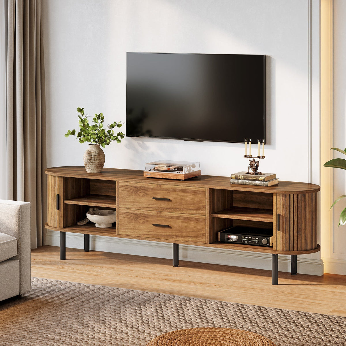 70" TV Stand, Modern Media Console with Storage and Sliding Tambour Door