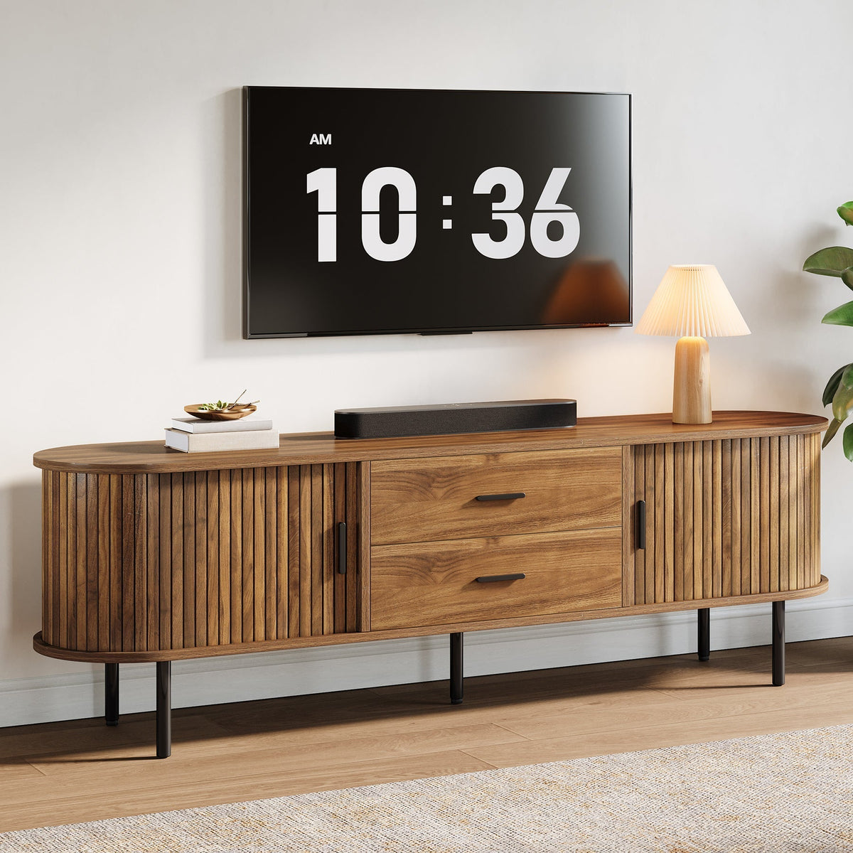 70" TV Stand, Modern Media Console with Storage and Sliding Tambour Door