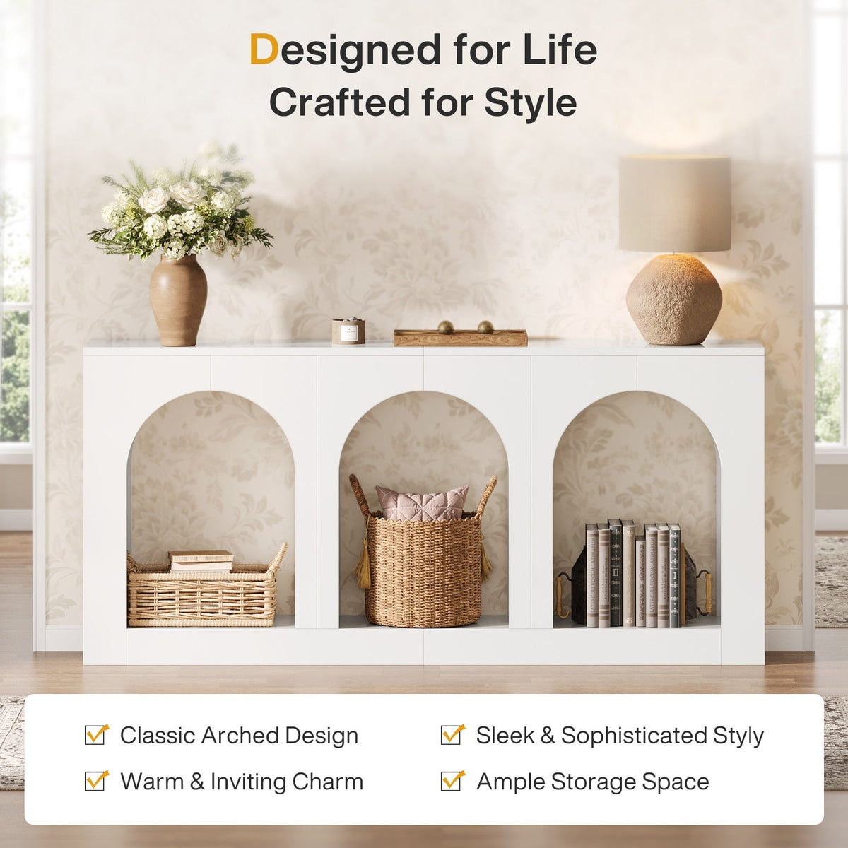 70.9" Arched Console Table, Modern Entryway Table with 3 Arched Shelves