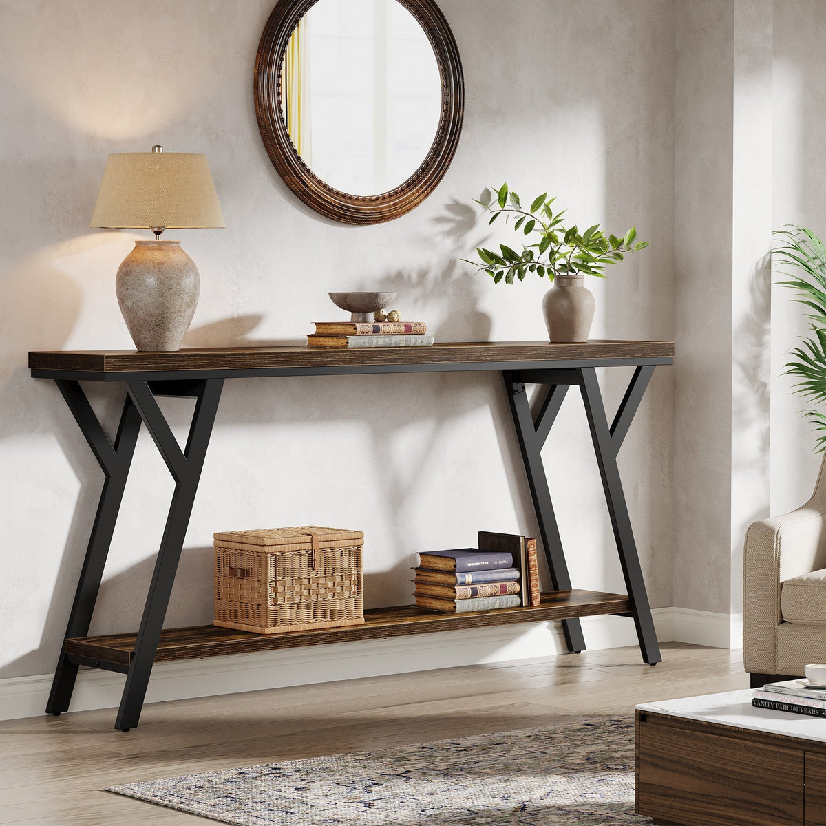 70.9" Console Table, Industrial Sofa Table Behind Couch with 2-Tier Storage Shelf