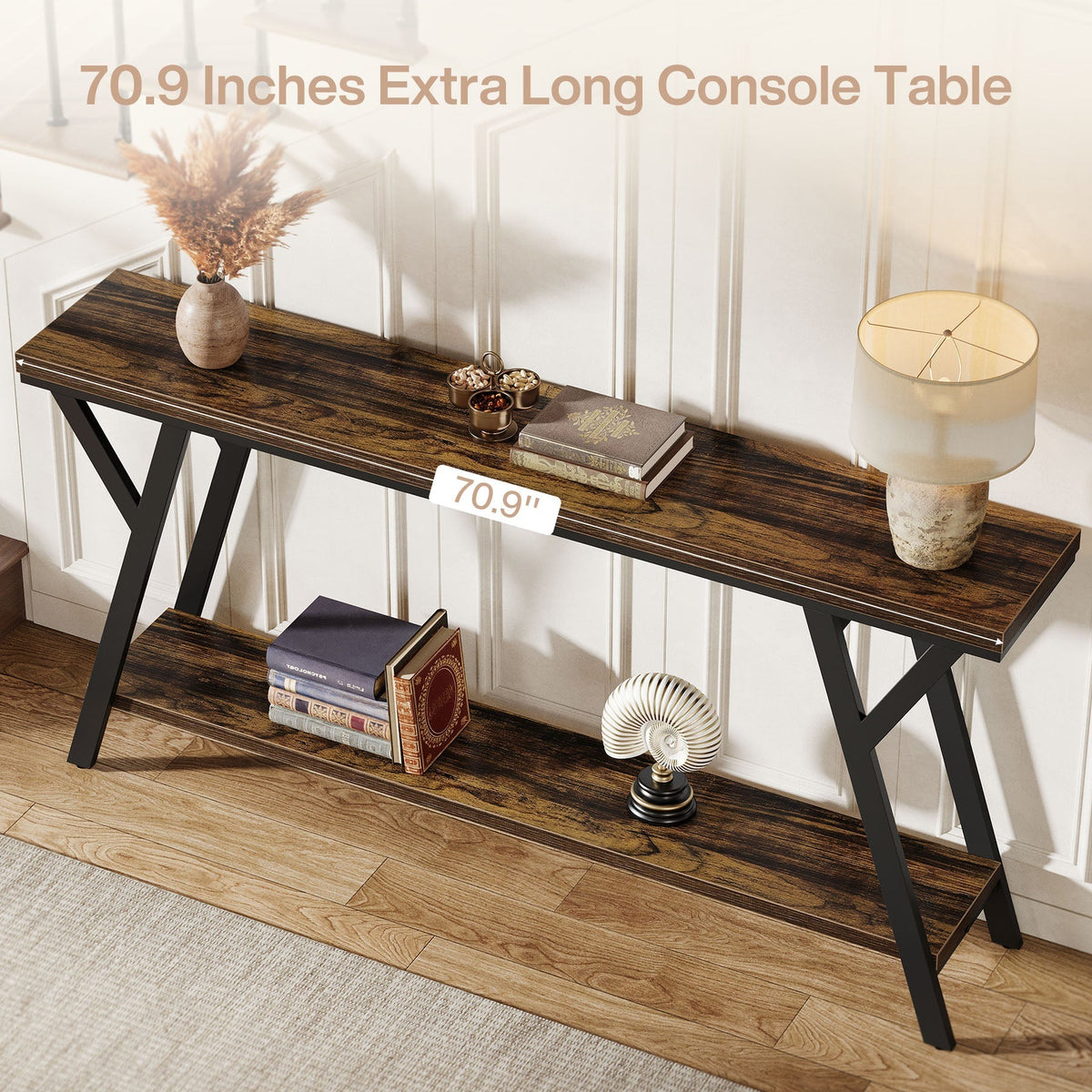 70.9" Console Table, Industrial Sofa Table Behind Couch with 2-Tier Storage Shelf