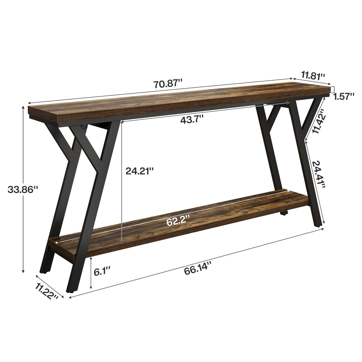 70.9" Console Table, Industrial Sofa Table Behind Couch with 2-Tier Storage Shelf
