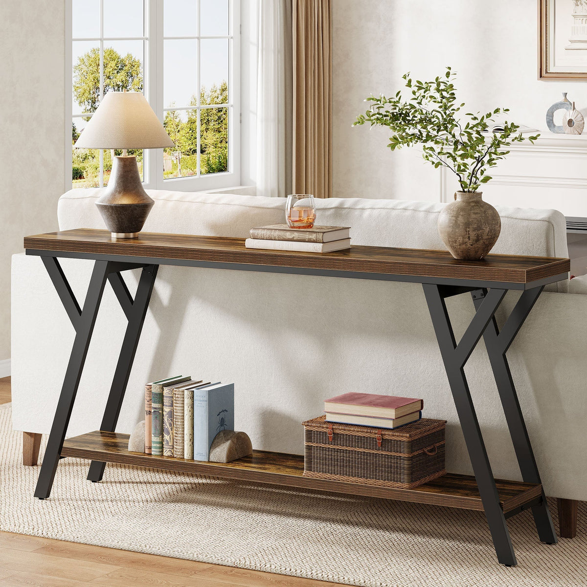 70.9" Console Table, Industrial Sofa Table Behind Couch with 2-Tier Storage Shelf