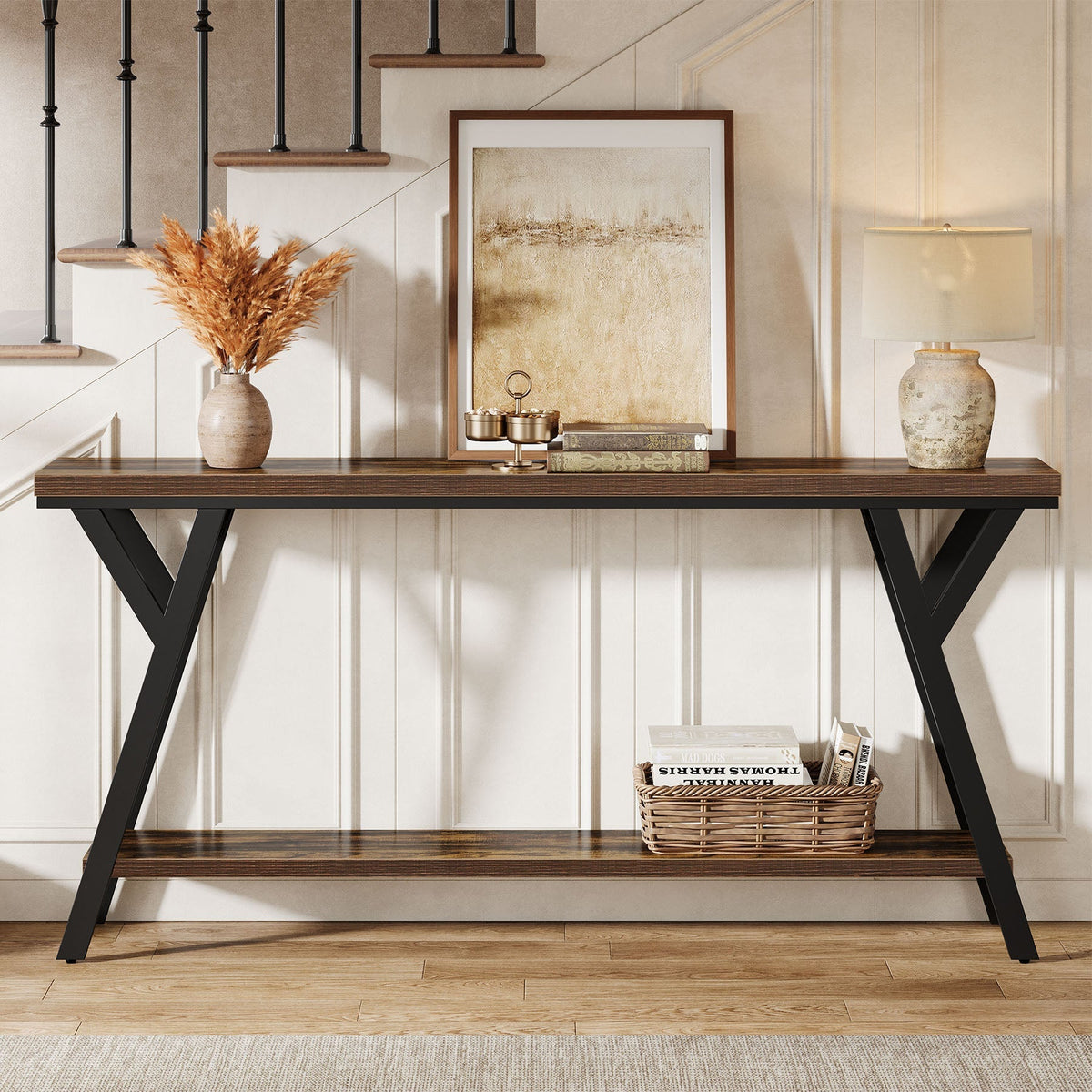 70.9" Console Table, Industrial Sofa Table Behind Couch with 2-Tier Storage Shelf