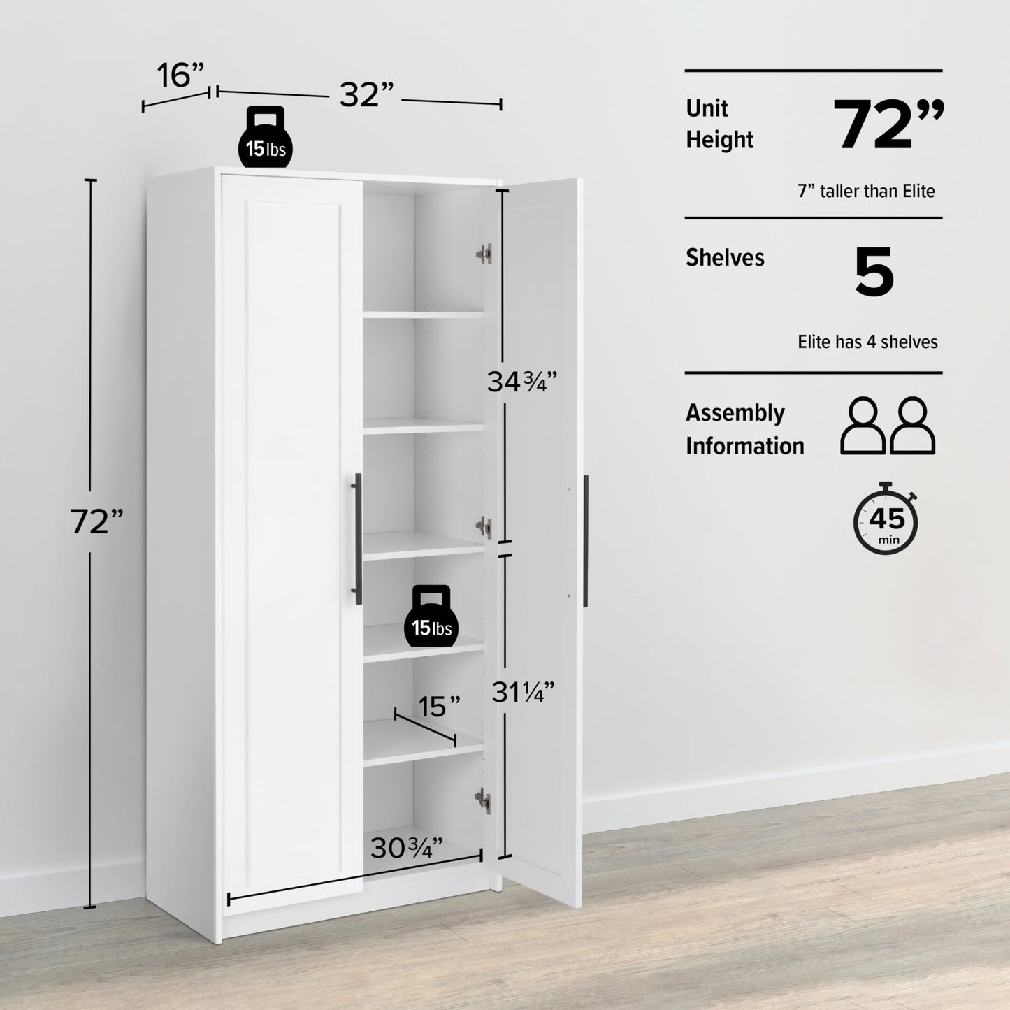 Tall Garage Storage Cabinet & Pantry Storage Cabinet, 2-Door Freestanding Garage Cabinet with Adjustable Shelves, 16"D x 32"W x 65"H, Black BES-3264