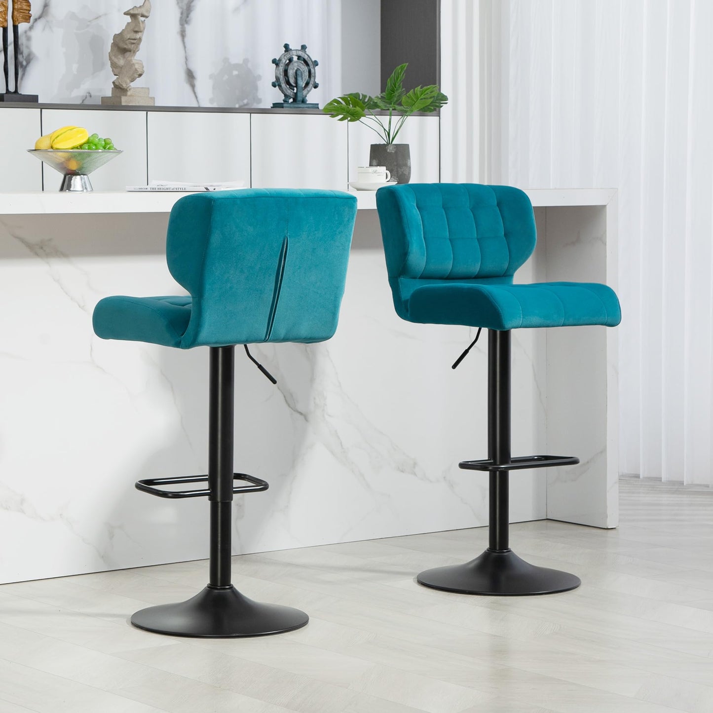 Adjustable Bar Stools Set of 2, Swivel Tufted Velvet Fabric Barstools with Footrest and Back, Bar Chairs for Kitchen Counter and Dining Room, Grey