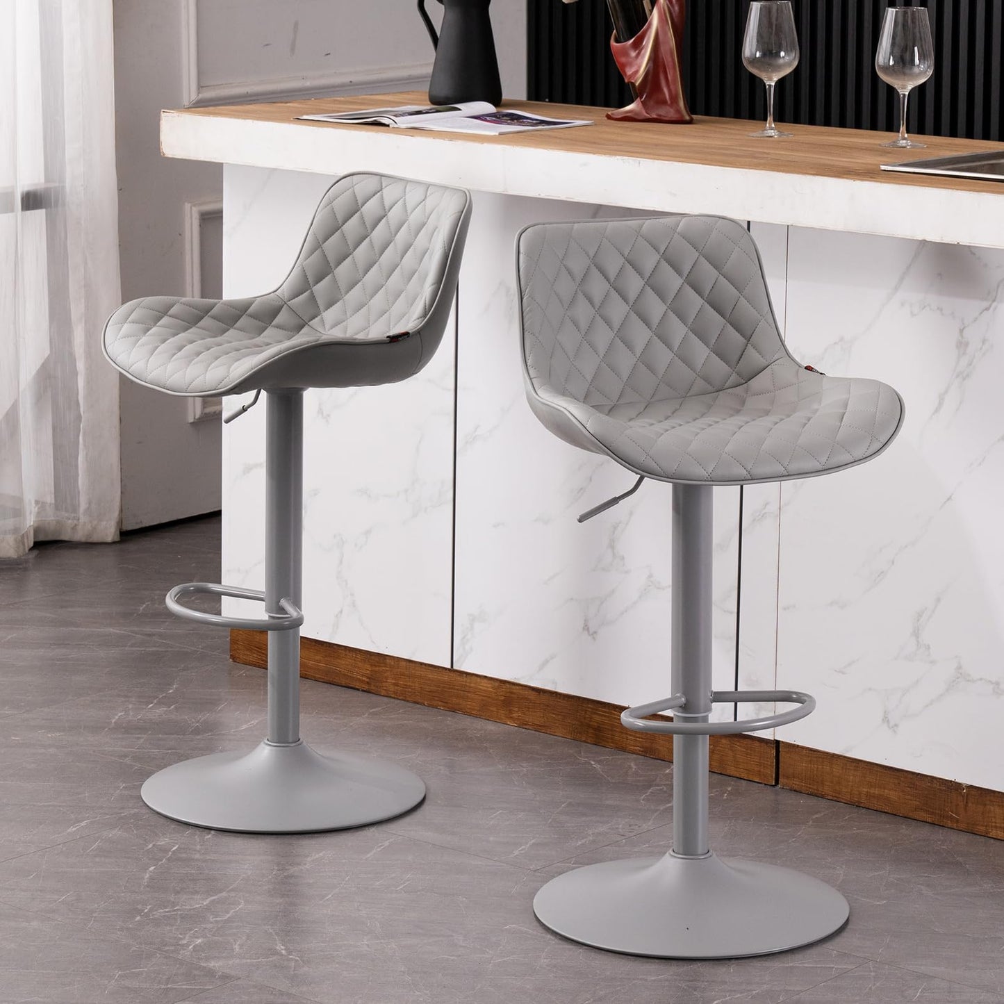 Grey Bar Stools Set of 2 Counter Height Bar Stool Faux Leather Upholstered Metal Barstools Modern Adjustable Swivel High Back Bar Chairs Home Kitchen Dining Island