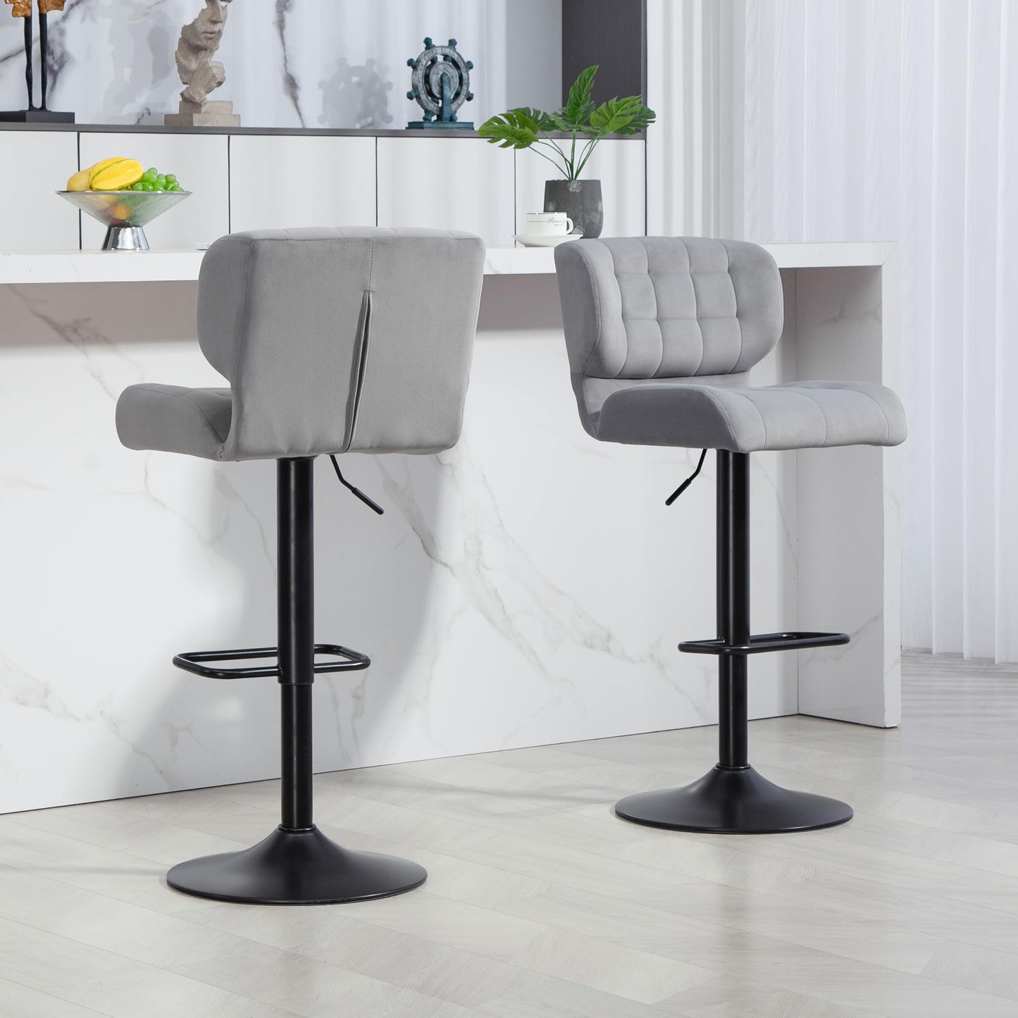 Adjustable Bar Stools Set of 2, Swivel Tufted Velvet Fabric Barstools with Footrest and Back, Bar Chairs for Kitchen Counter and Dining Room, Grey