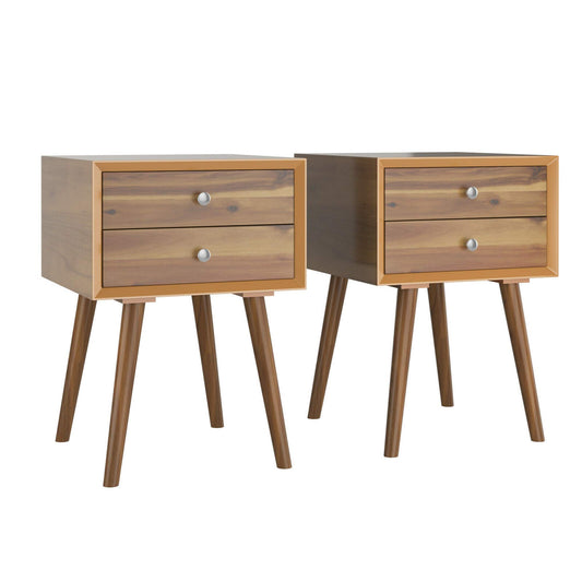 2 PCS Wooden Nightstand End Table Bedside Table w/2 Glide Sliding Drawers, Mid-Century Accent Side Table Multipurpose for Bedroom, Living Room Storage Cabinet Home Furniture, Natural