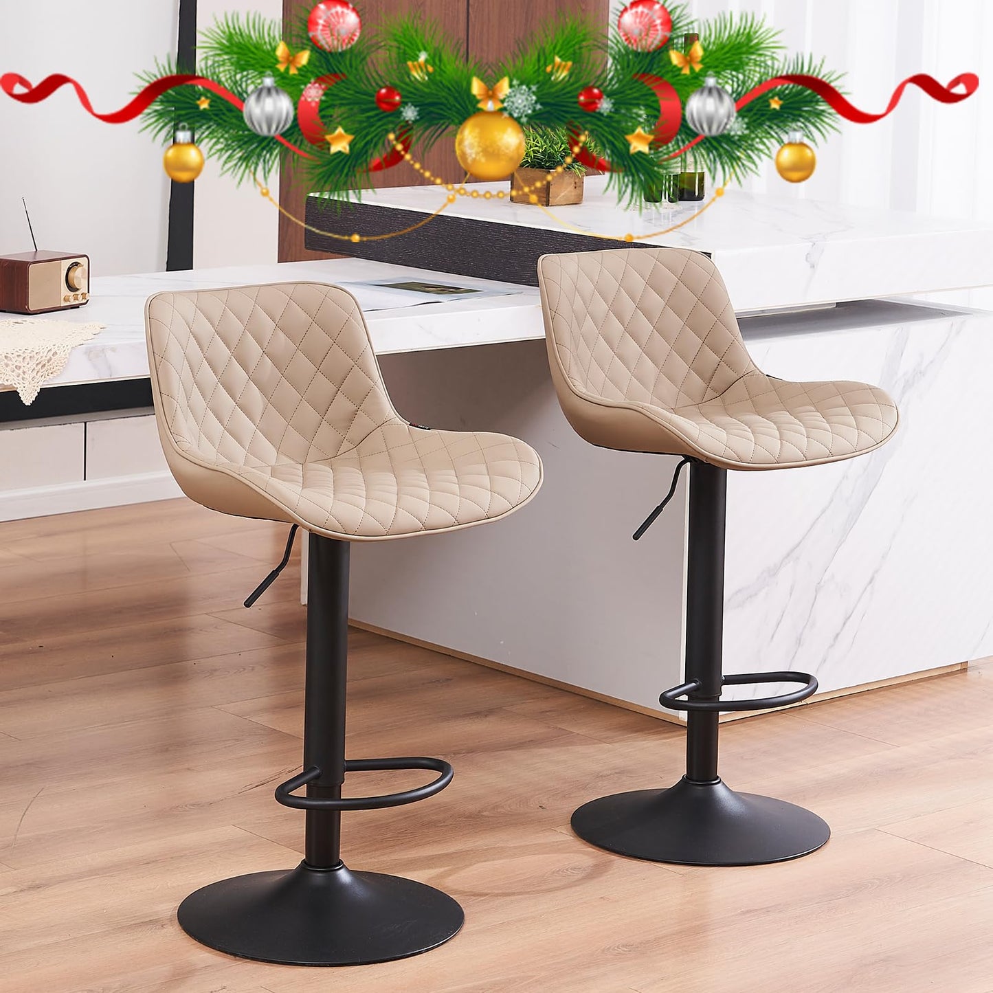 Grey Bar Stools Set of 2 Counter Height Bar Stool Faux Leather Upholstered Metal Barstools Modern Adjustable Swivel High Back Bar Chairs Home Kitchen Dining Island