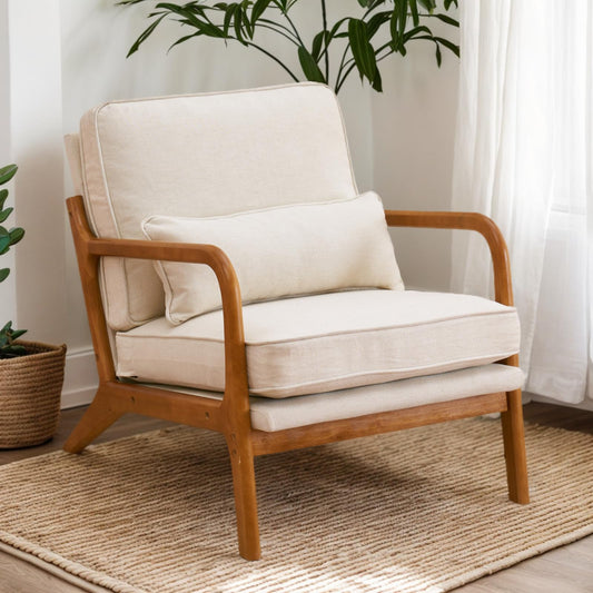 home Accent Chair Mid-Century Modern Chair with Pillow Upholstered Lounge Arm Chair with Solid Wood Frame & Soft Cushion for Living Room, Bedroom, Balcony, Linen Beige (Low Back)