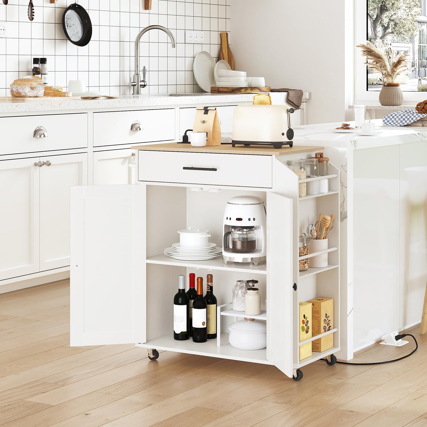 Kitchen Island with Power Outlet, Kitchen Storage Island with Spice Rack and Drawer, Rolling Kitchen Cart on Wheels, for Home, Kitchen and Dining Room, White and Natural WN82UZD01G1