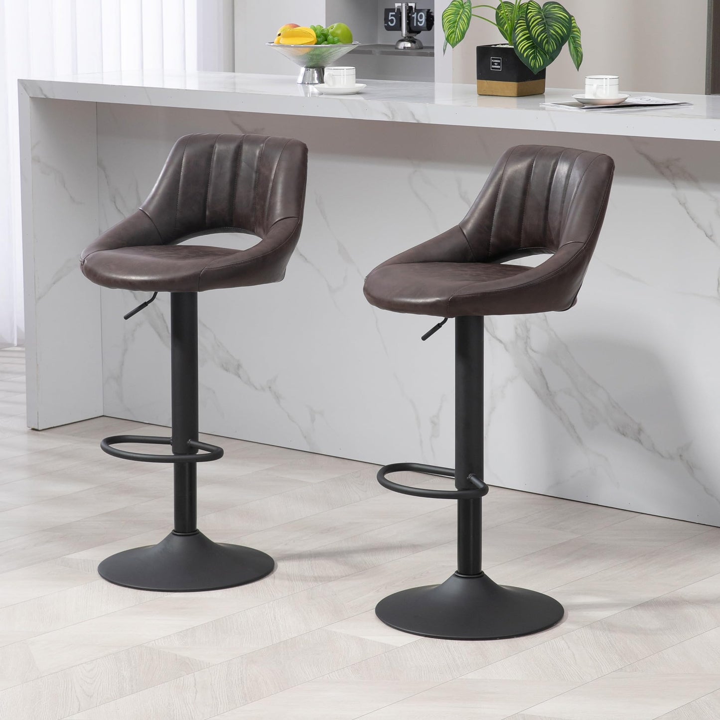 Bar Stools Set of 2, Swivel Counter Height Barstools with Adjustable Height, Faux Leather Upholstered Bar Chairs with Round Metal Base and Footrest, Grey