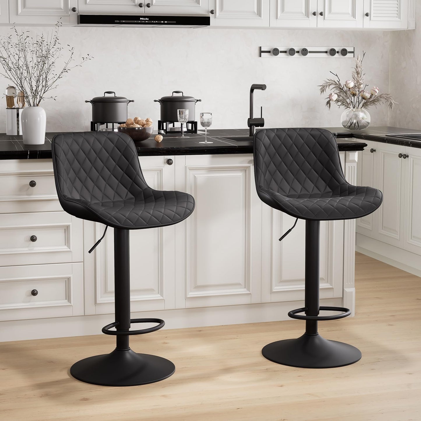 Grey Bar Stools Set of 2 Counter Height Bar Stool Faux Leather Upholstered Metal Barstools Modern Adjustable Swivel High Back Bar Chairs Home Kitchen Dining Island