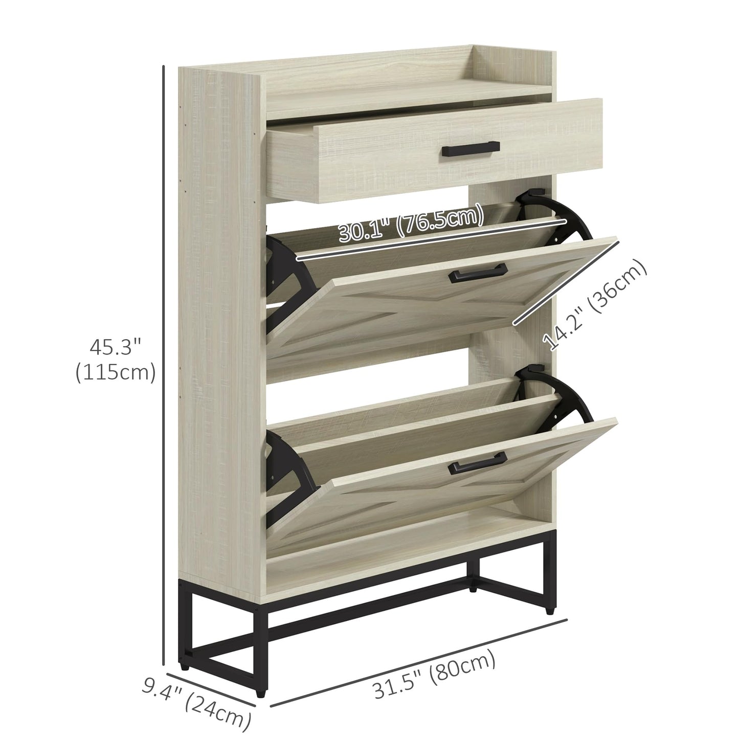 Narrow Shoe Cabinet, Industrial Shoe Storage Cabinet with 2 Flip Drawers, Adjustable Shelves and Top Drawer, Entryway Shoe Rack Cabinet for 12 Pairs, Distressed White