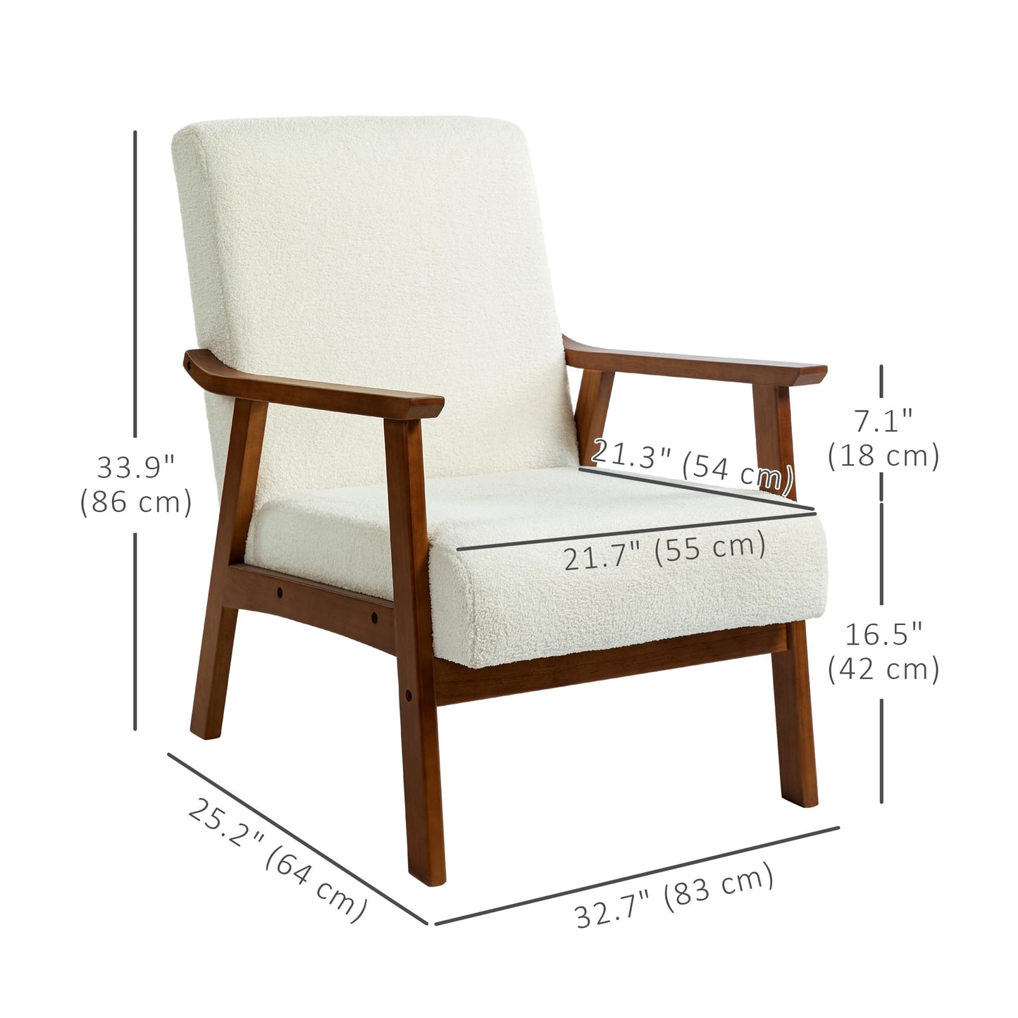 Boucle Armchair, Modern Living Room Chair with Solid Wood Frame and Thick Padding for Bedroom, White