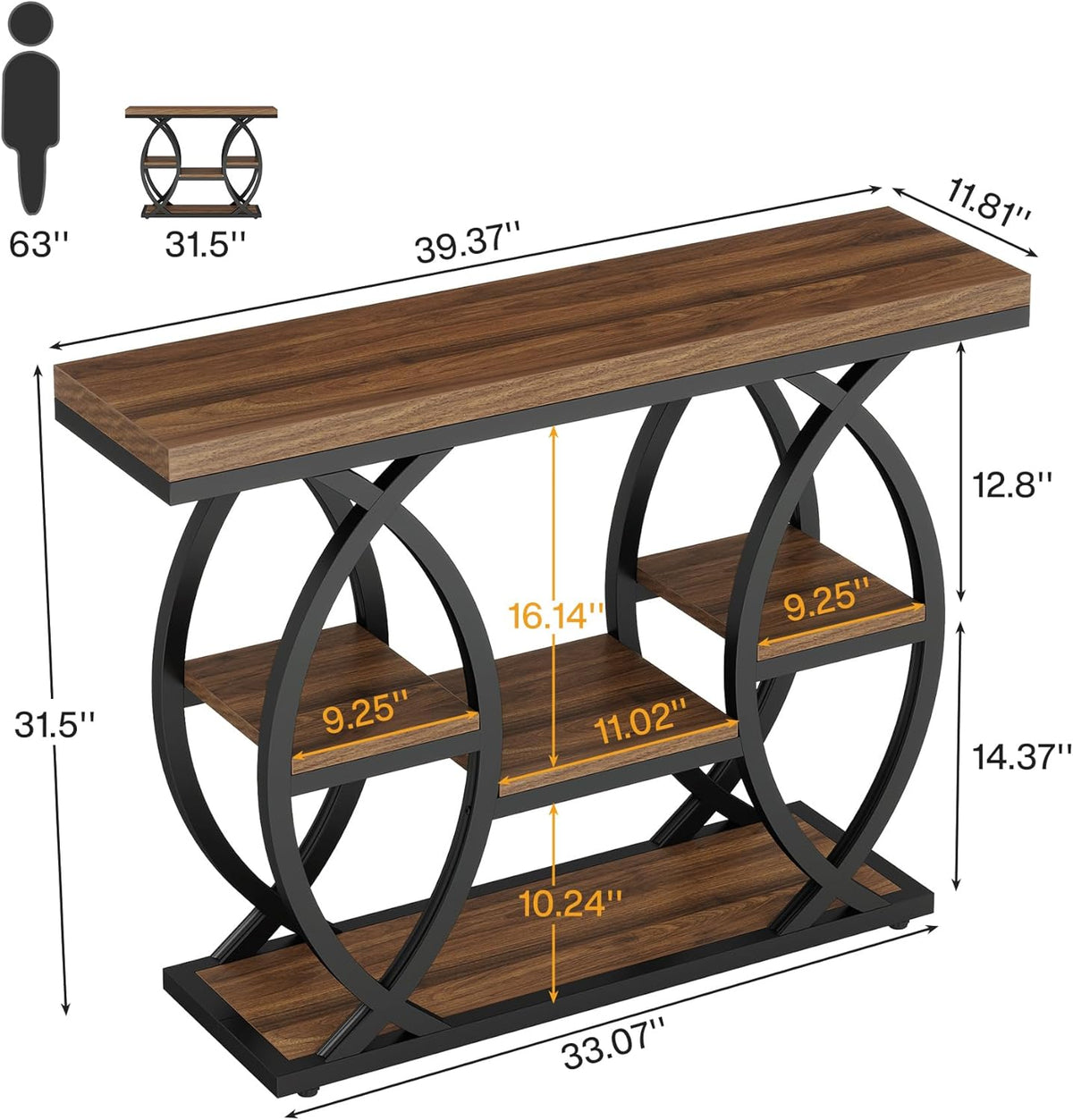 39" Console Table, 4-Tier Sofa Table Entryway Table with Storage Shelves
