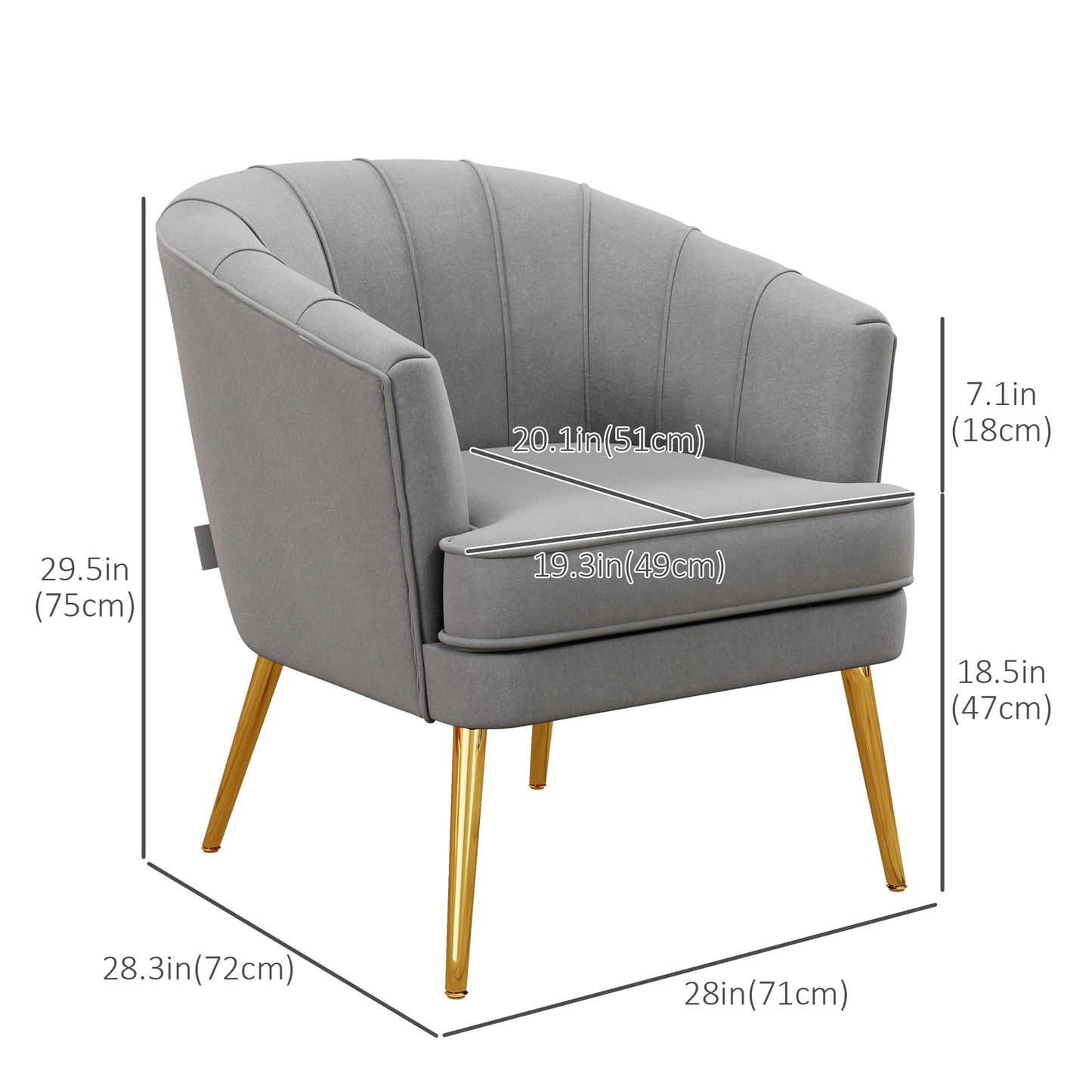 Fabric Accent Chair, Velvet Armchair, Modern Living Room Chair with Gold Metal Legs and Thick Padding for Bedroom, Grey