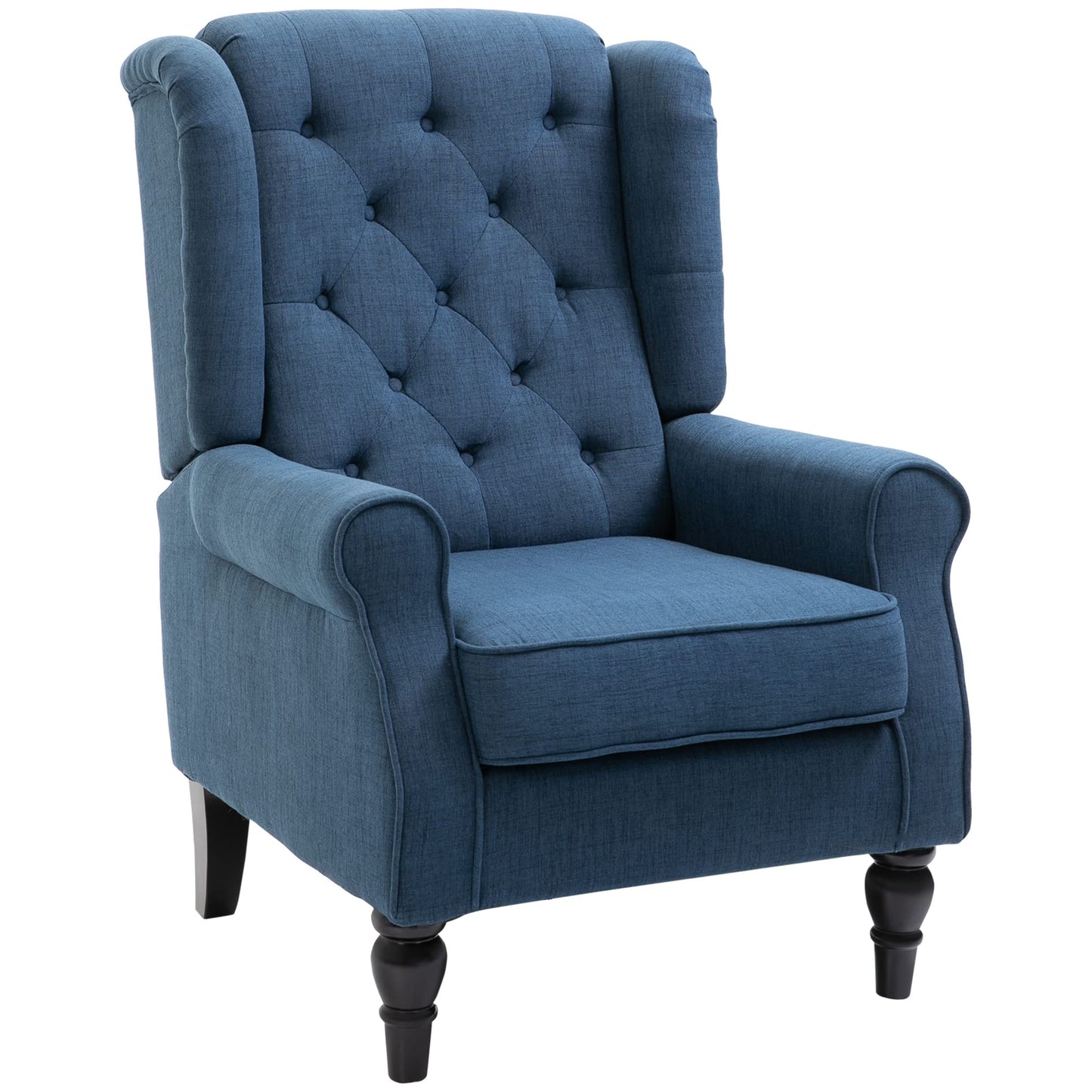 Fabric Accent Chair, Button Tufted Armchair, Upholstered Modern Living Room Chair, Wingback Chair with Wood Legs, Rolled Arms, Thick Padding for Bedroom, Blue