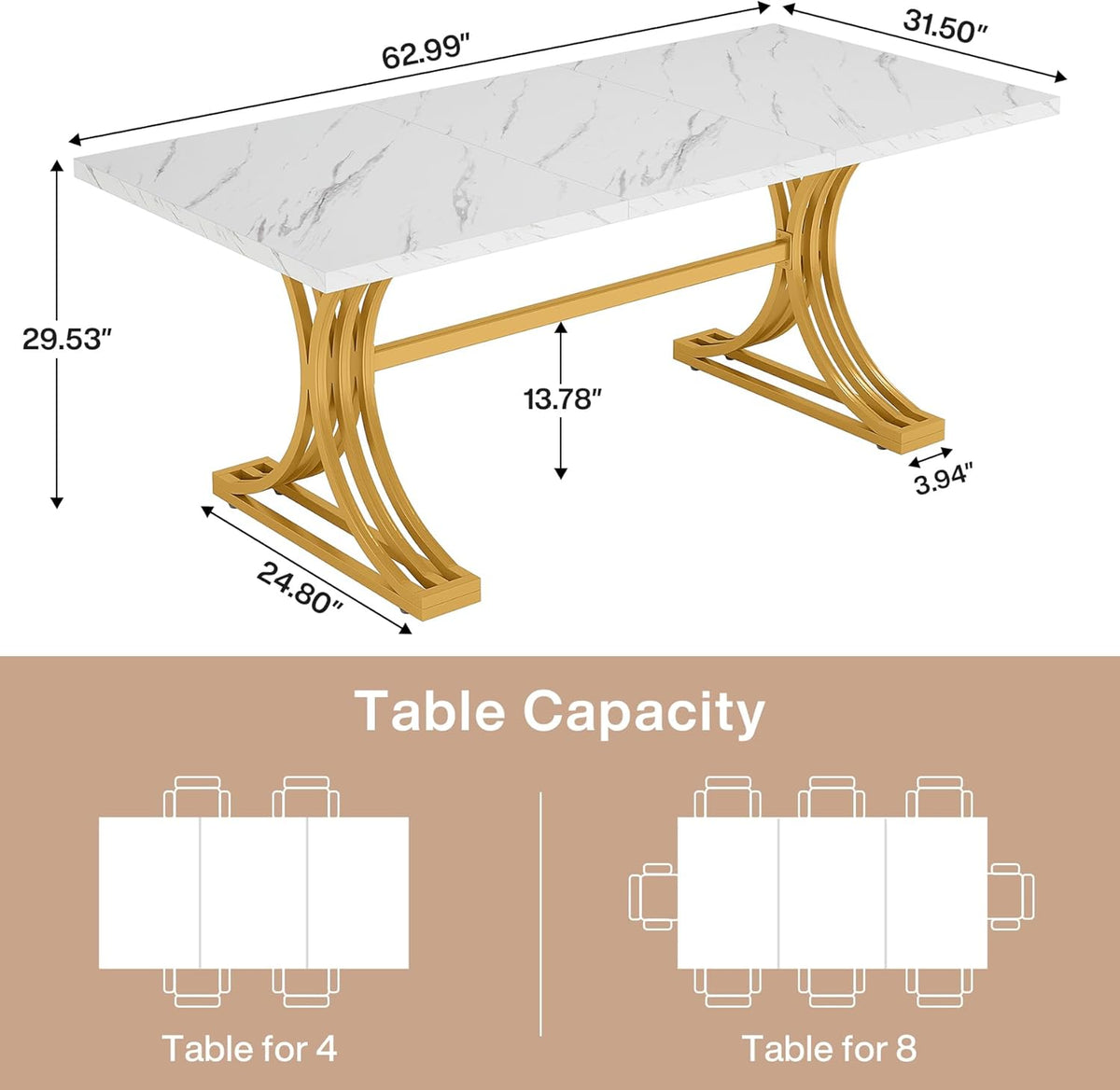 63" Rectangular Dining Table, Modern Kitchen Table with Metal Legs for 4 to 6