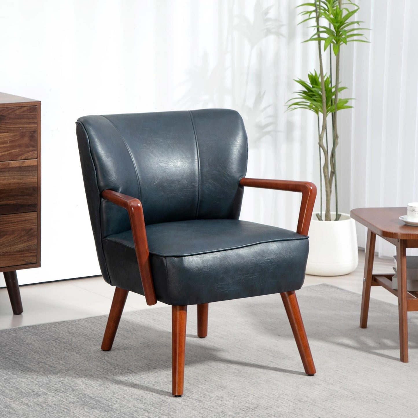 Modern Accent Chair, Upholstered Armchair, Faux Leather Living Room Chair with Wood Legs and Wide Padded Seat, Brown